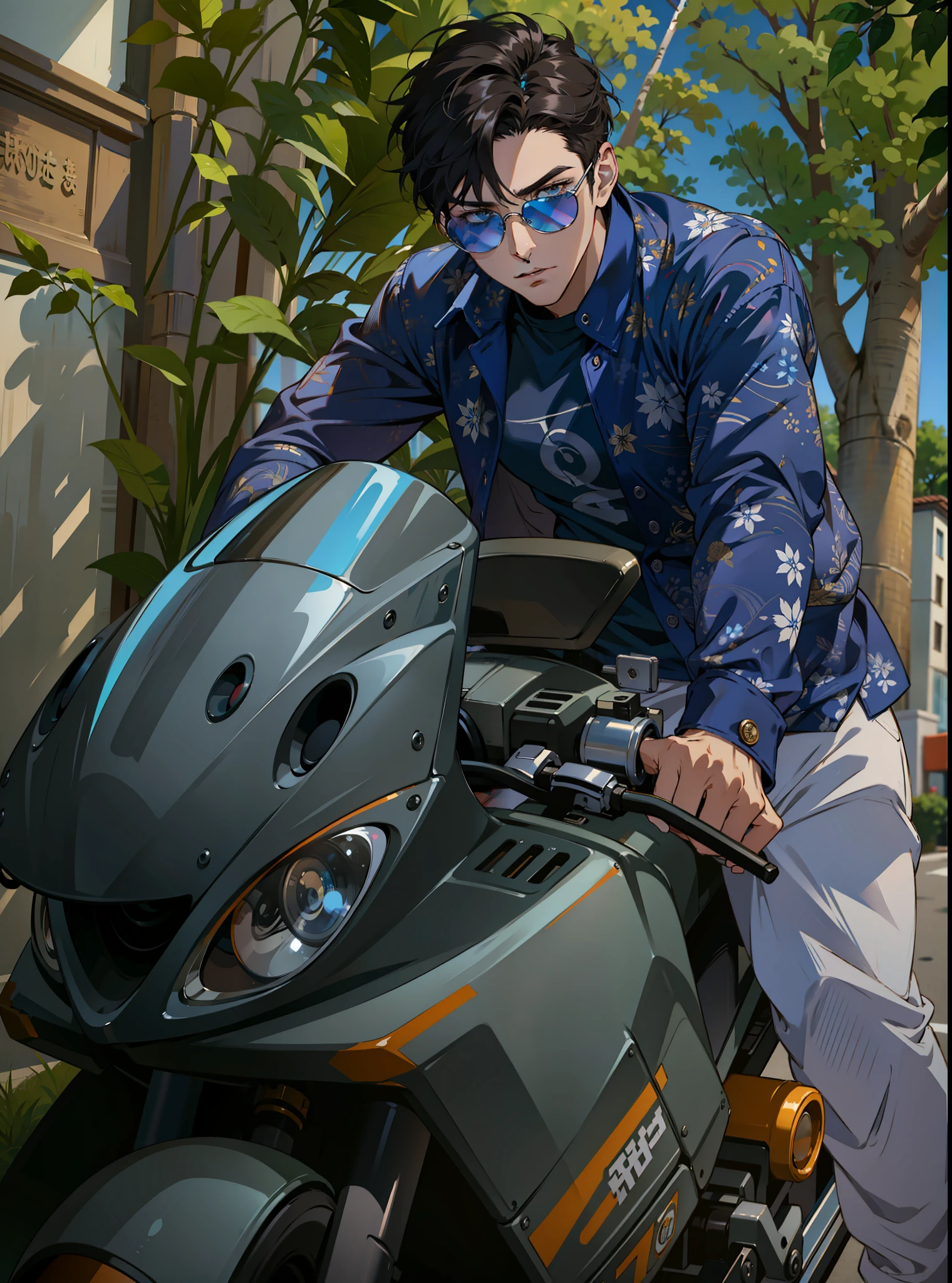 (masterpiece),(best quality:1.0), (ultra highres:1.0), detailed illustration, 8k, 1boy, anime boy, wearing blue shirt, serious look, detailed face, perfect face, dark sun glasses, detailed hair, highlights in hair, stylish hair, on a bike, cool bike, sunny day, well lit, highly detailed, anime style, vibrant