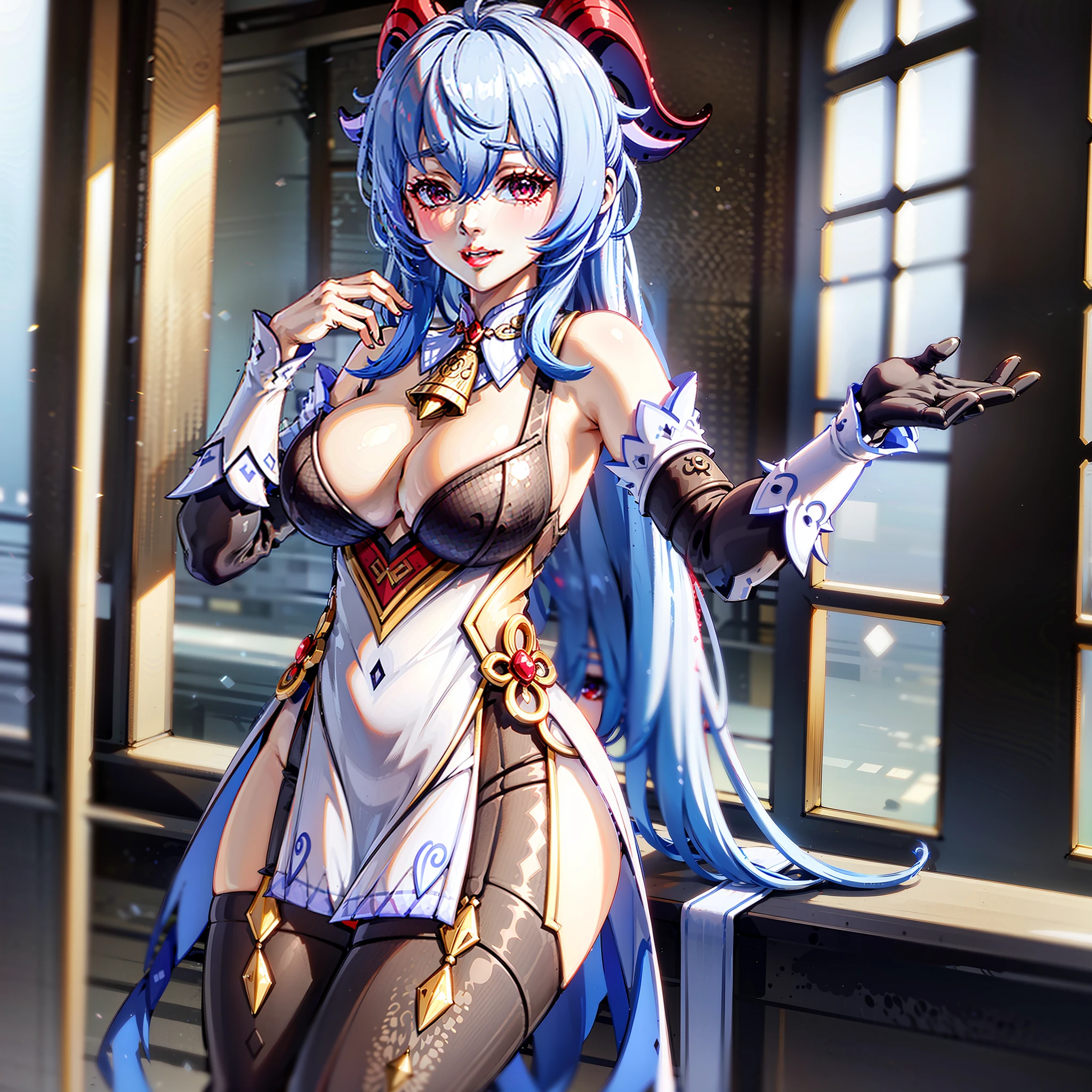 high quality, anime character from the game Genshin impact, blue hair with a blue tint in a blue tint, dressed in a mini skirt and lace stockings, height 165 cm, supports breasts, lustful look, has 2 red goat horns with black specks on his head