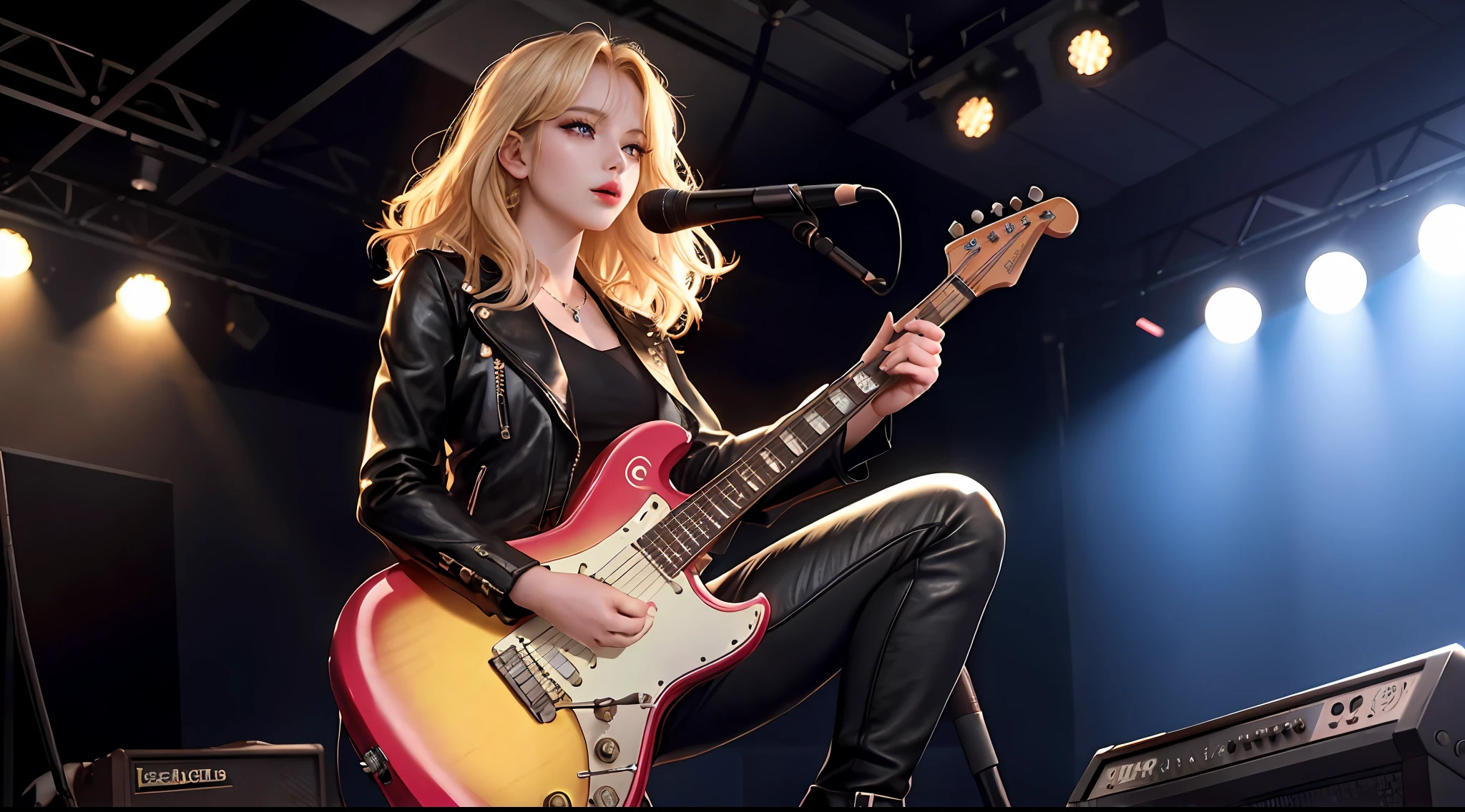 Female Rock Band, 1980, Night, Blonde Perm, Boots, Full Body, Visible, Superlative, Ultra High Definition, Raw Photography, Realism: 1.25), (Bright Lip Gloss, Long Eyelashes, Smooth Face, Glossy Skin, Natural Shadows, Wide Light, Wide Light, Depth of Field, Intense Colors, Subtle Caustics: 0.8), V6,