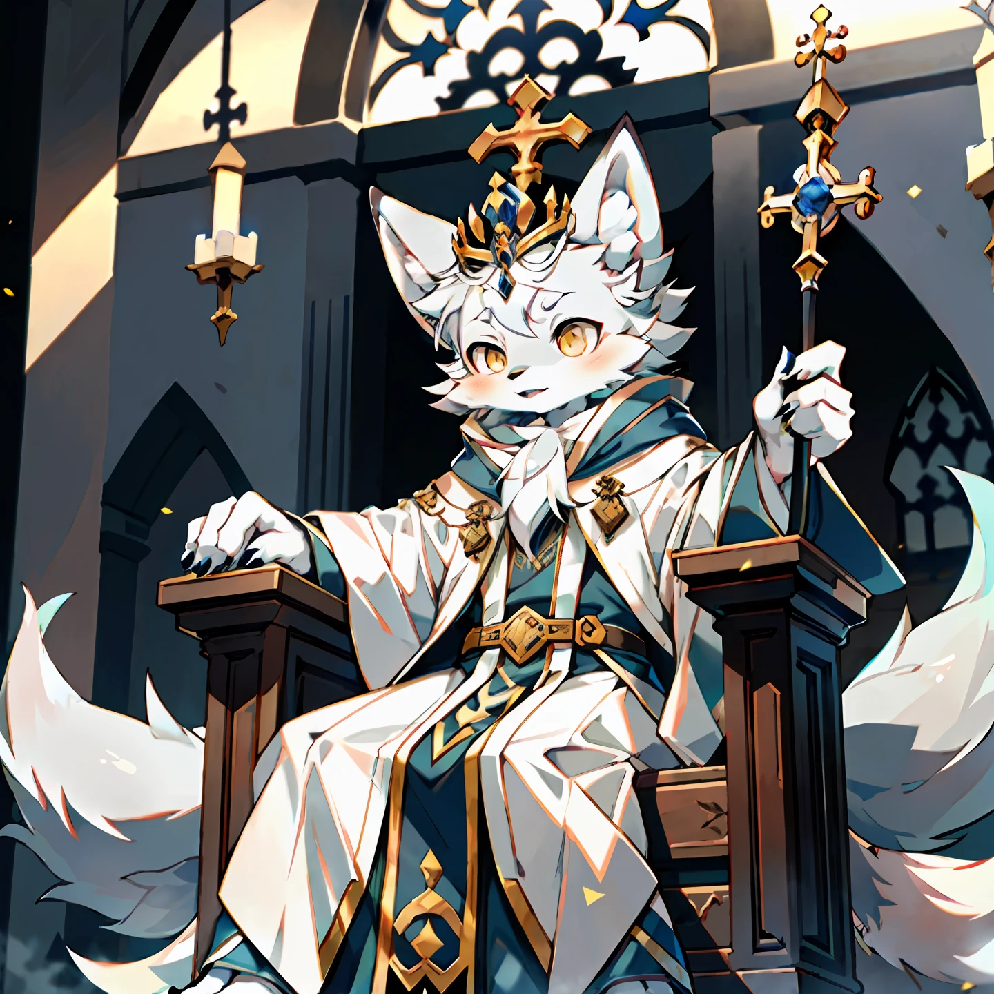 (Best Quality), (Masterpiece), ((Solitary)), (Ultra Detailed), (Furry), (Furry), (Male Arctic Fox: 1.5), (Grey Skin: 1.3), (Fluffy Tail: 1.2), (Golden Eyes), (Arctic Fox's Paws), (Grey Ears), Serious Expression, Sharp Focus, (Furry Feeling of Animal Ears), Magician, Magician Robe, Magic Hat, Magic Staff, ((Sitting on a Gorgeous Throne)), In the Church, (Dim), Detailed Background