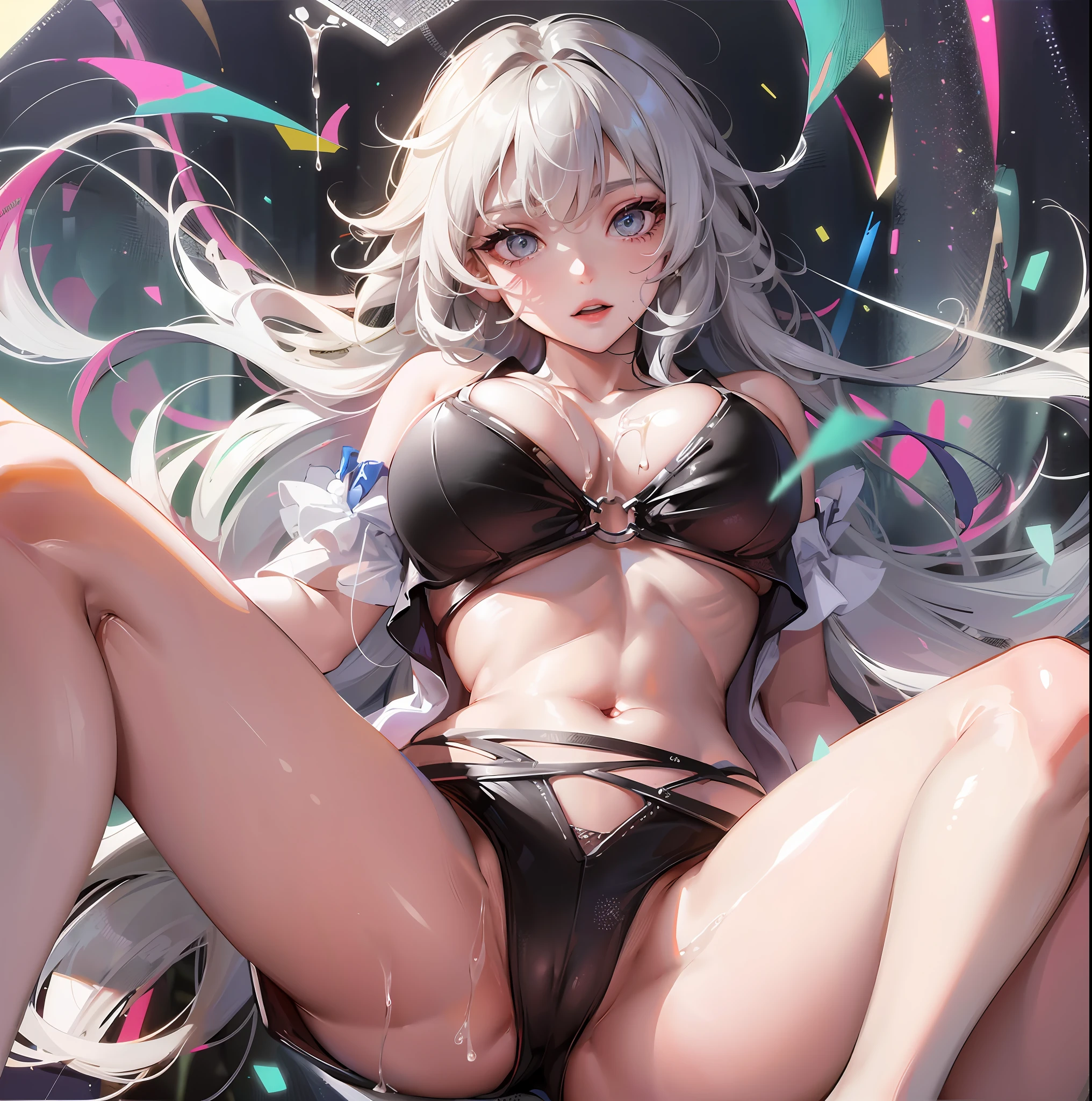 In the classroom, a girl is wearing a bikini, holding her legs with her hands, ((legs open)), with a seductive expression, ((with a lot of white liquid big breasts)),