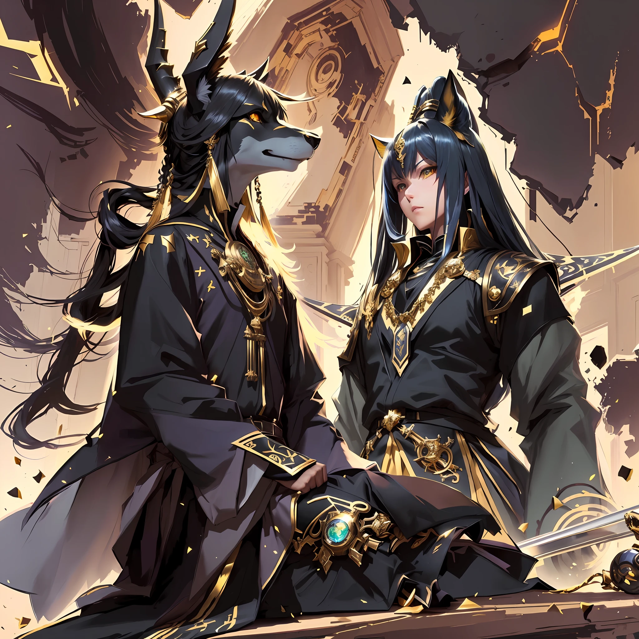 Anime characters sitting on windowsills, clenched fists, in the background is a time vortex, Hidari and Vlop, pictures of the ghost of Anubis, mysterious Anubis Valkyries, god Anubis, angry god Anubis, Anubis, Zero Chang art, highly detailed official artwork, highly detailed fine fan art, popular on ArtStation pixiv, wearing dark robes with golden accents