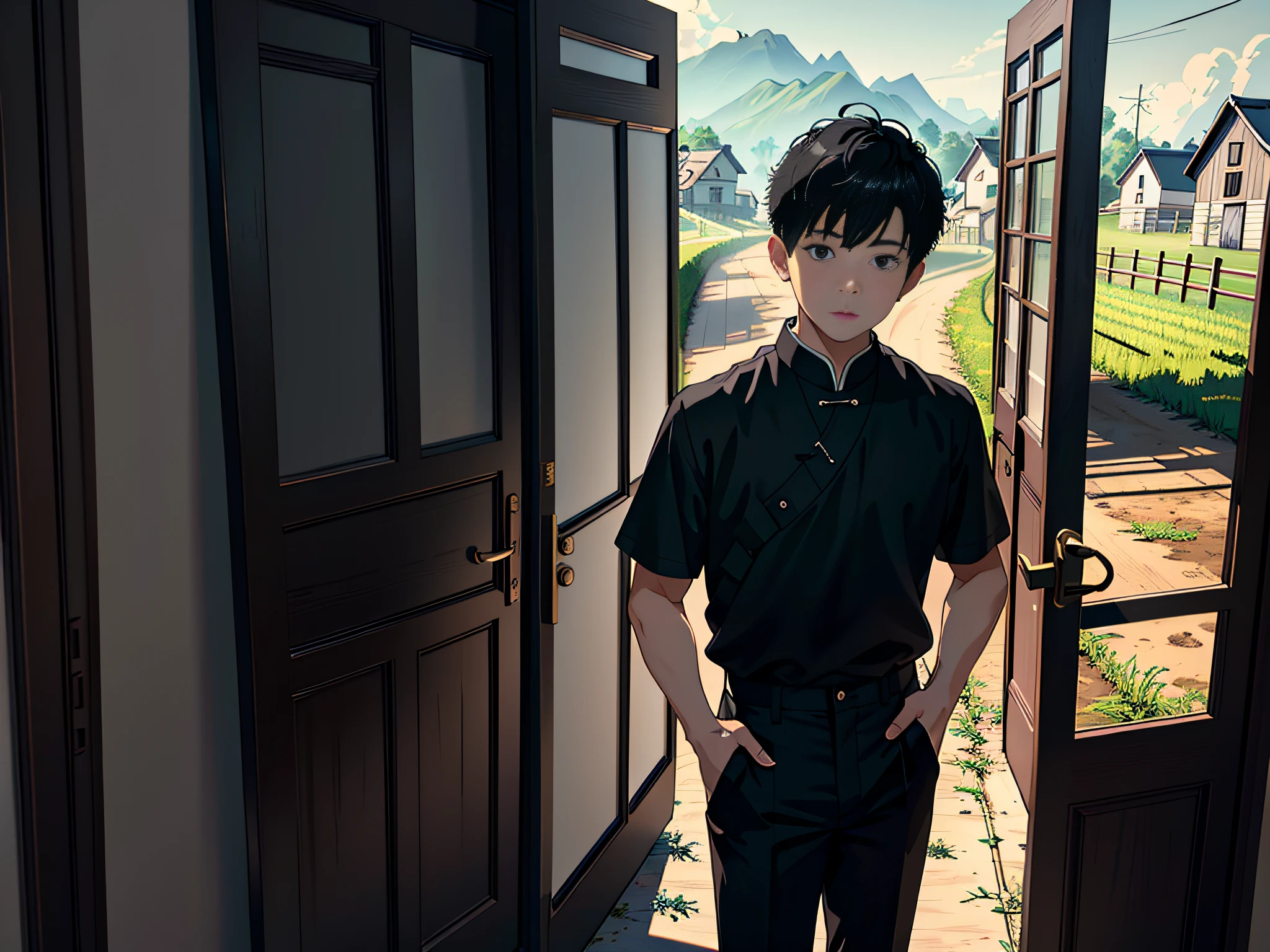 (Masterpiece, best quality; 1.3), very detailed, Unity 8k wallpaper, perfect lighting, perfect shadow, Chinese scene, a boy, black eyes, short hair, white top, black pants, handsome appearance, standing at the door, mouth open, background is a farm yard, POV, Dorothyan perspective,