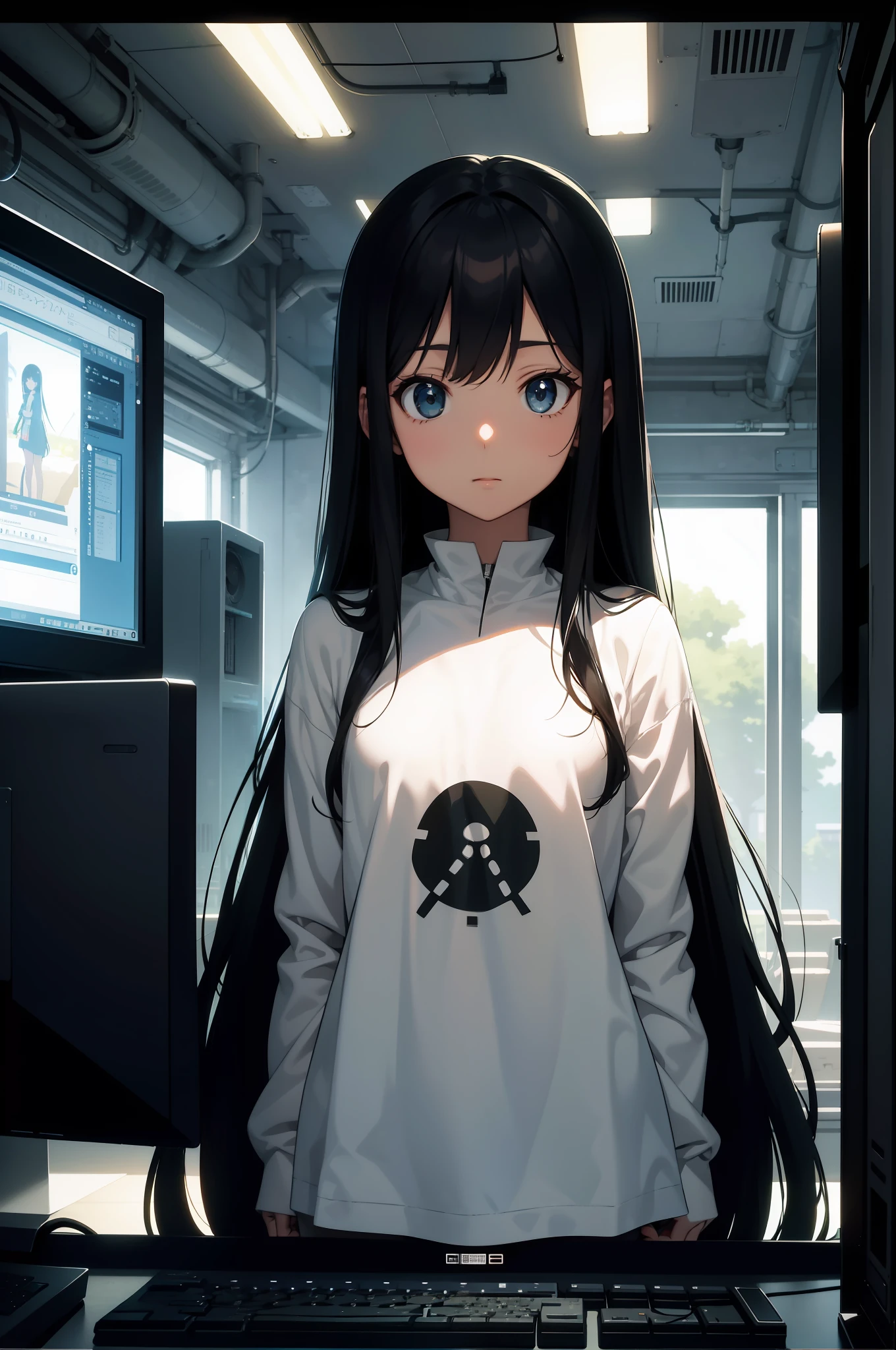 Best image quality Original character, upper body, volume lighting, long black hair, summer clothes, background painting Ghibli style, staring at computer monitor in futuristic computer room