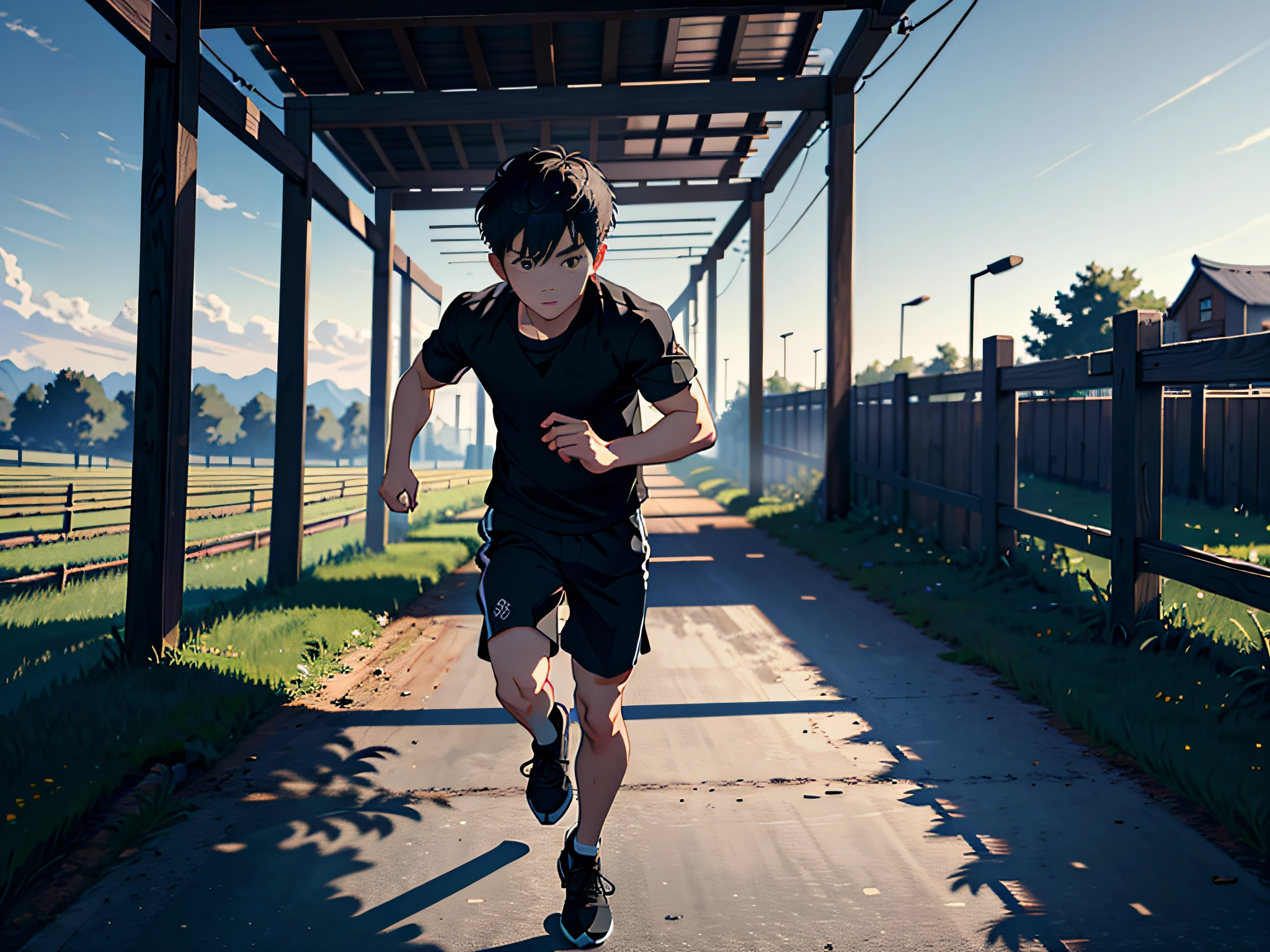 (Masterpiece, best quality; 1.3), very detailed, Unity 8k wallpaper, perfect lighting, perfect shadow, Chinese scene, a boy, black eyes, short hair, white top, black pants, handsome appearance, running, background is a farm yard, POV, Dorotien perspective,