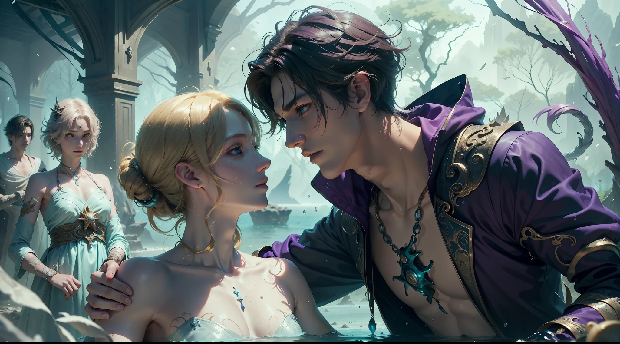 Multi-person interaction, intimate couple, beautiful composition, gorgeous underwater light, "1boy, (Sousuke Aozen), close-up, badass pose, bleach, powerful aura, purple aura", HD, unparalleled masterpiece, dynamic lighting, movie, epic, and "1girl, (dynamic pose), confident powerful mysterious smile, beautiful blonde, (perfect facial features)", (Enchanted Forest: 1.3), (Magic Glow: 1.2), Elegant Atmosphere, (Secluded Beach: 0.8), (Seashell: 0.9), (Flawless Skin: 1.2), breathtaking details. (Masterpiece, best quality: 1.2),