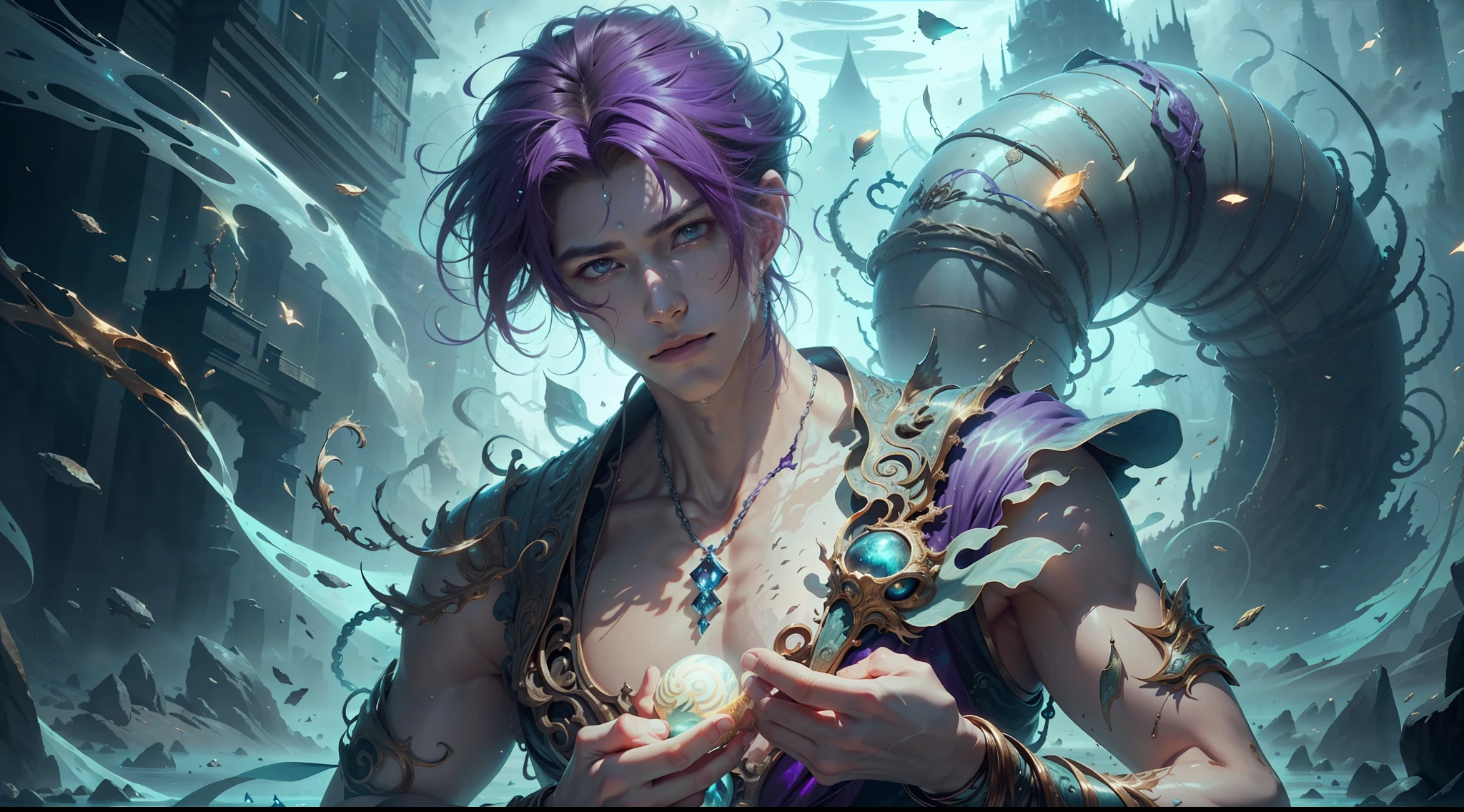 Multi-person interaction, intimate couple, beautiful composition, gorgeous underwater light, "1boy, (Sousuke Aozen), close-up, badass pose, bleach, powerful aura, purple aura", HD, unparalleled masterpiece, dynamic lighting, movie, epic, and "1girl, (dynamic pose), confident powerful mysterious smile, beautiful blonde, (perfect facial features)", (Enchanted Forest: 1.3), (Magic Glow: 1.2), Elegant Atmosphere, (Secluded Beach: 0.8), (Seashell: 0.9), (Flawless Skin: 1.2), breathtaking details. (Masterpiece, best quality: 1.2),