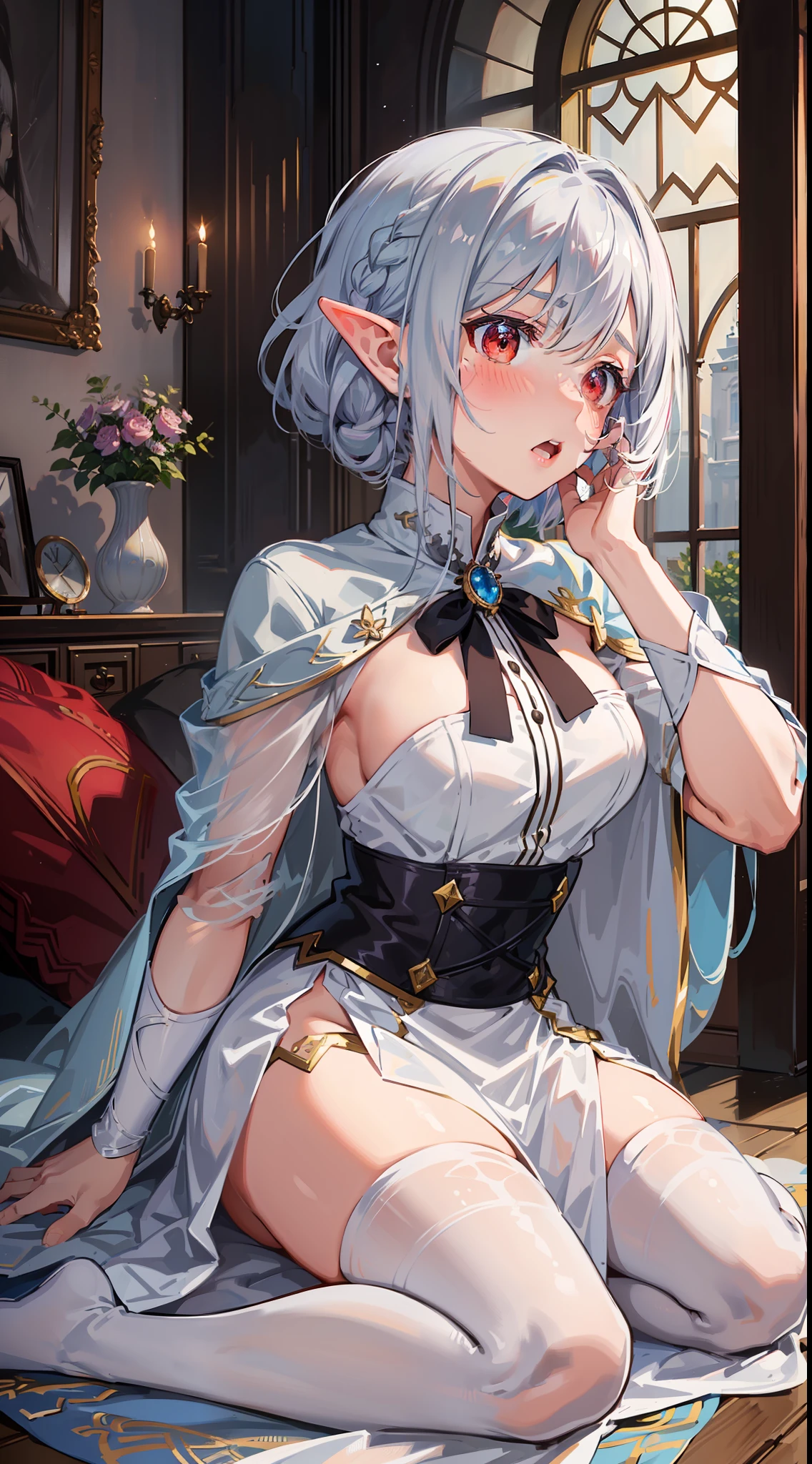 ((put both hands on their face)), ((surprised)), ((facing forward)), (blush), one girl, elf, silver hair, red eyes, bob cut, braided hair, fantasy style costume, wizard, robe, long skirt, tights, indoors, kneeling, concept art, beautiful anime scene, beautiful anime scenery, masterpiece, top quality, 4K