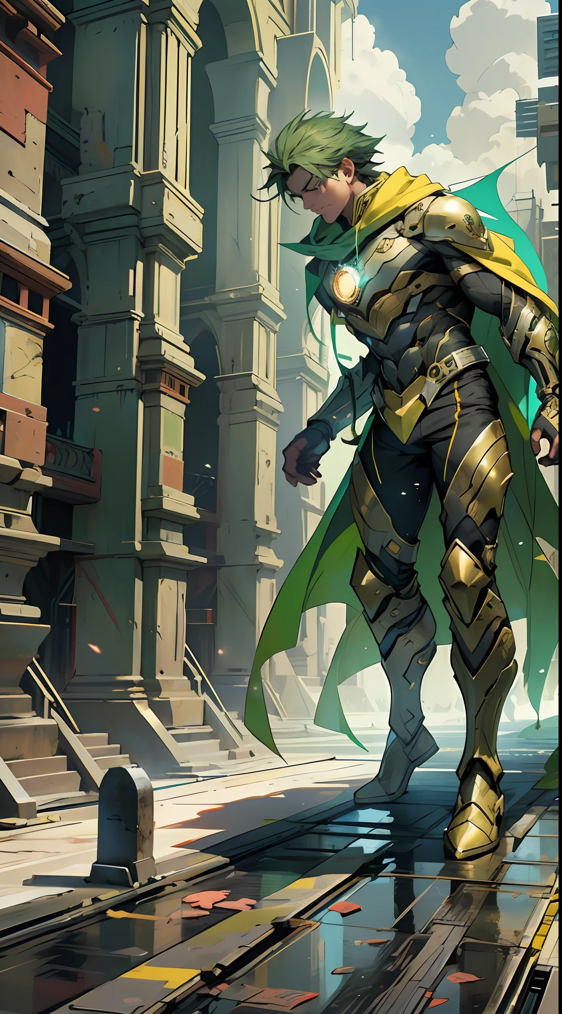 Develop an image of a hero wearing a green and gold costume. The hero must have a noble and powerful appearance, with distinct character traits. The green and gold costume should be modern and futuristic, with technological elements and details that make it unique. The hero must be in a heroic pose, as if he is ready to face any challenge that comes his way. The background scene can be an urban landscape or an imaginary landscape that matches the heroic aura of the character. Feel free to add creative and interesting details to make the hero even more captivating