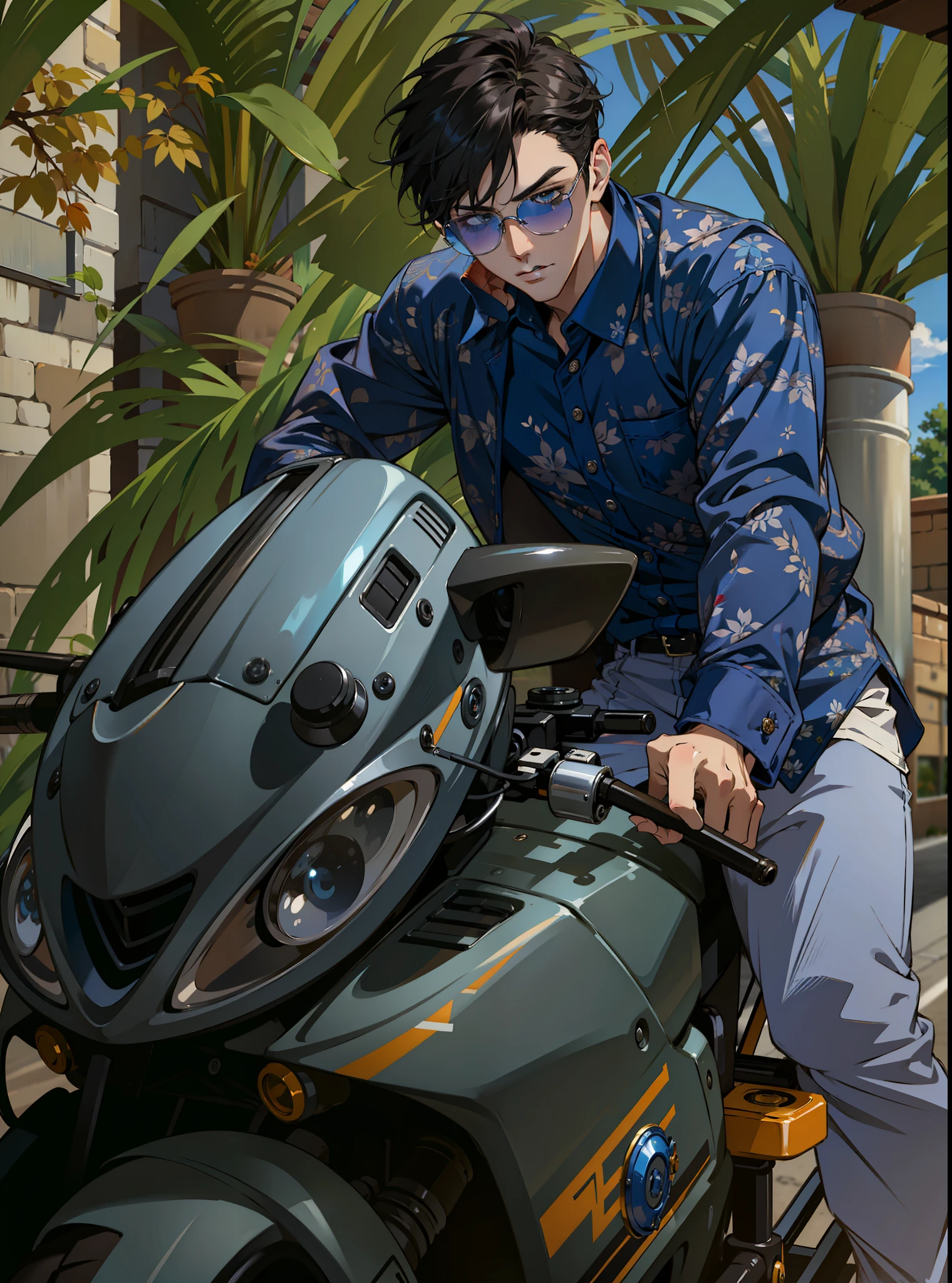 (masterpiece),(best quality:1.0), (ultra highres:1.0), detailed illustration, 8k, 1boy, anime boy, wearing blue shirt, serious look, detailed face, perfect face, dark sun glasses, detailed hair, highlights in hair, stylish hair, on a bike, cool bike, sunny day, well lit, highly detailed, anime style, vibrant