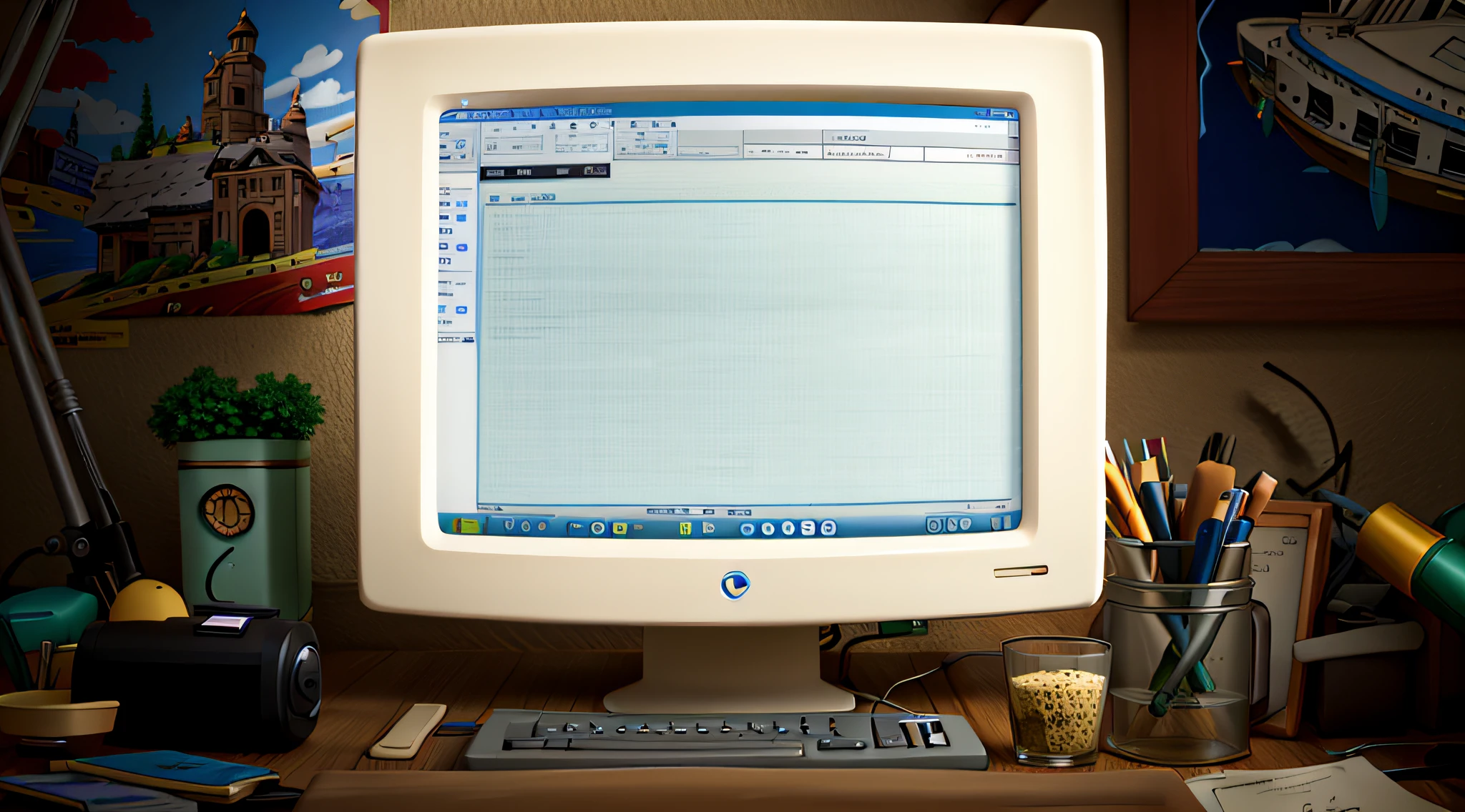 there is a computer monitor with a sign on it that says eaging, close establishing shot, establishing shot, text turning into objects, realistic establishing shot, wide establishing shot, cel-shading, cel-shading, cel shading, composition, escape, easygoing, earie configuration, detailed string text, ealistic, loading screen, still animation, screencap, cartoon drawing style, anime style, official art