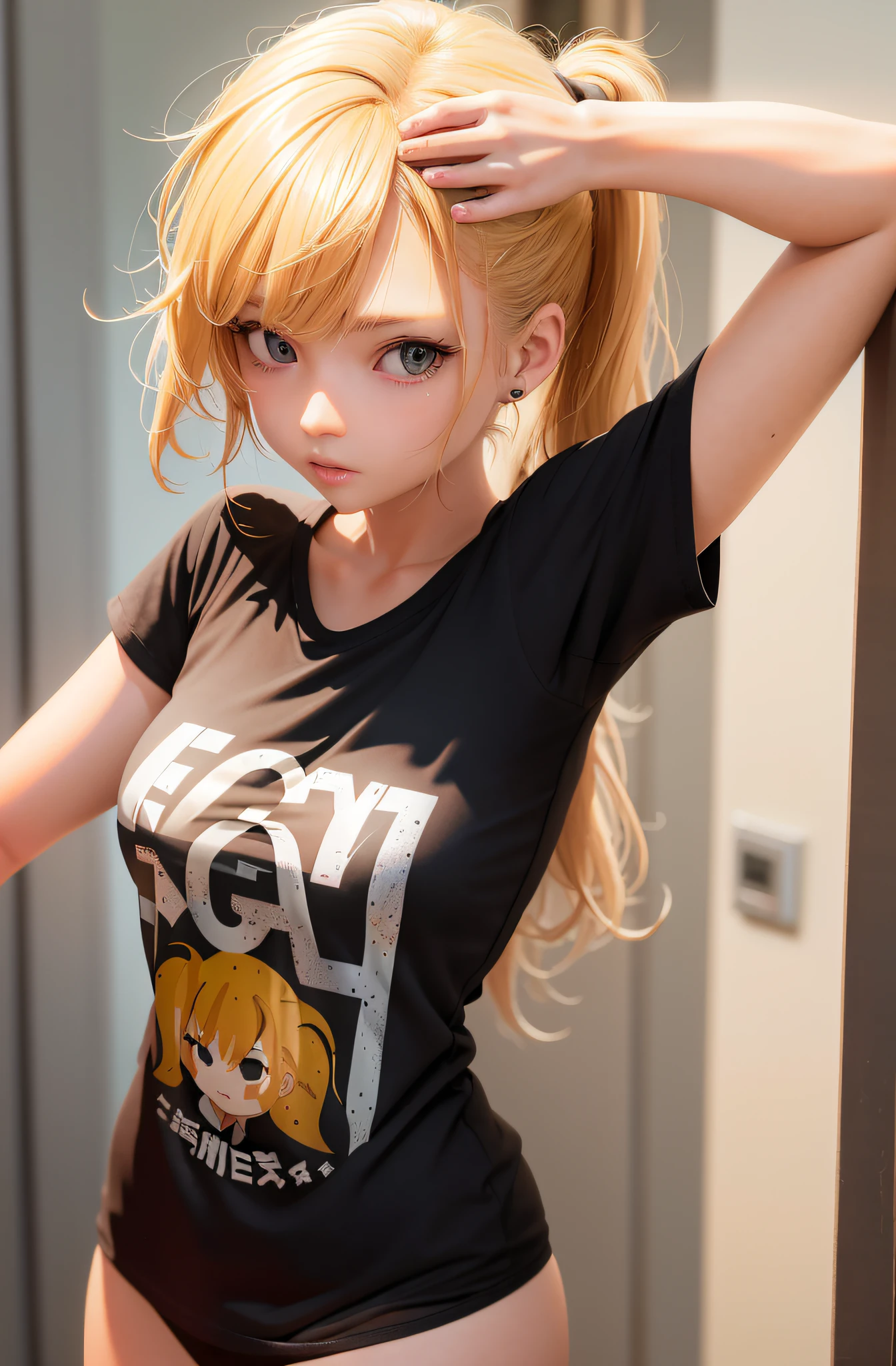 blond haired woman in black shirt posing in front of a mirror, photorealistic anime girl render, realistic anime 3 d style, hyperrealistic schoolgirl, anime girl in real life, render of a cute 3d anime girl, anime girl cosplay, seductive anime girl, realistic young anime girl, 3 d anime realistic, a hyperrealistic schoolgirl, trending at cgstation