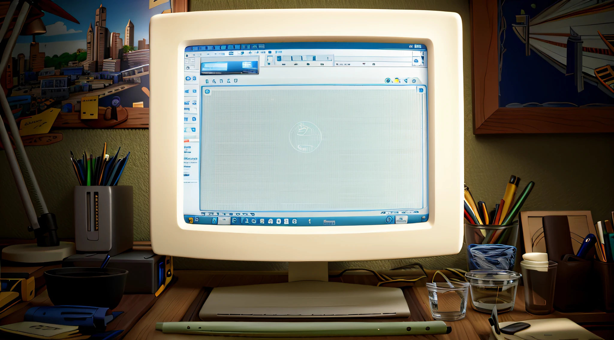 there is a computer monitor with a sign on it that says eaging, close establishing shot, establishing shot, text turning into objects, realistic establishing shot, wide establishing shot, cel-shading, cel-shading, cel shading, composition, escape, easygoing, earie configuration, detailed string text, ealistic, loading screen, still animation, screencap, cartoon drawing style, anime style,  official art