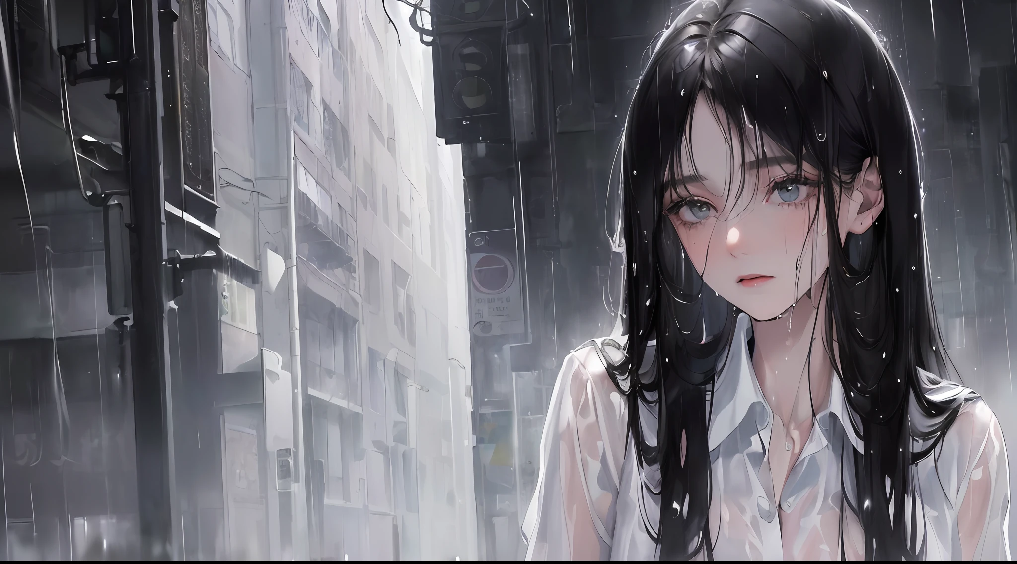 (highest resolution, distinct_image) Best quality, ((((1 woman))), masterpiece, pale colors, very detailed, night cityscape, semi-realistic, wet black hair, wet straight hair, expressionless, bangs, strong rain, 21 years old, mature, young, wet white shirt, outdoors, delicate facial features, facial features, mid-shot,