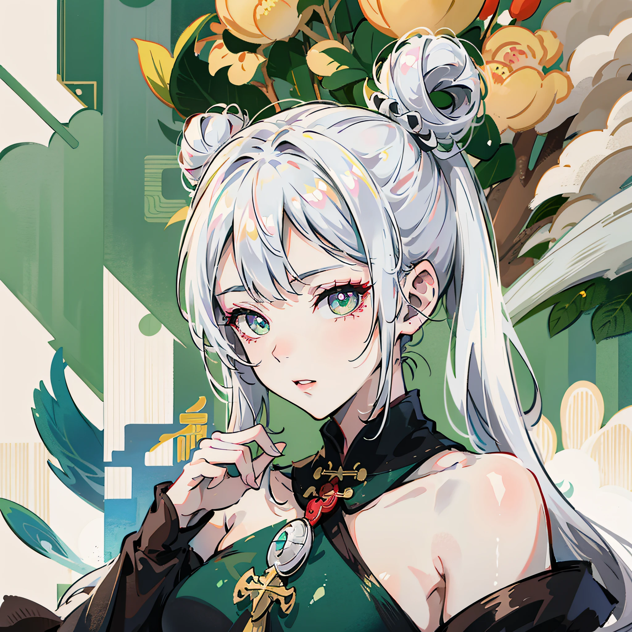 Lori, white hair, bun head, cheongsam, Genshin character, pointed ears, green eyes, cross-shaped pupils, Genshin Nasida --auto --s2