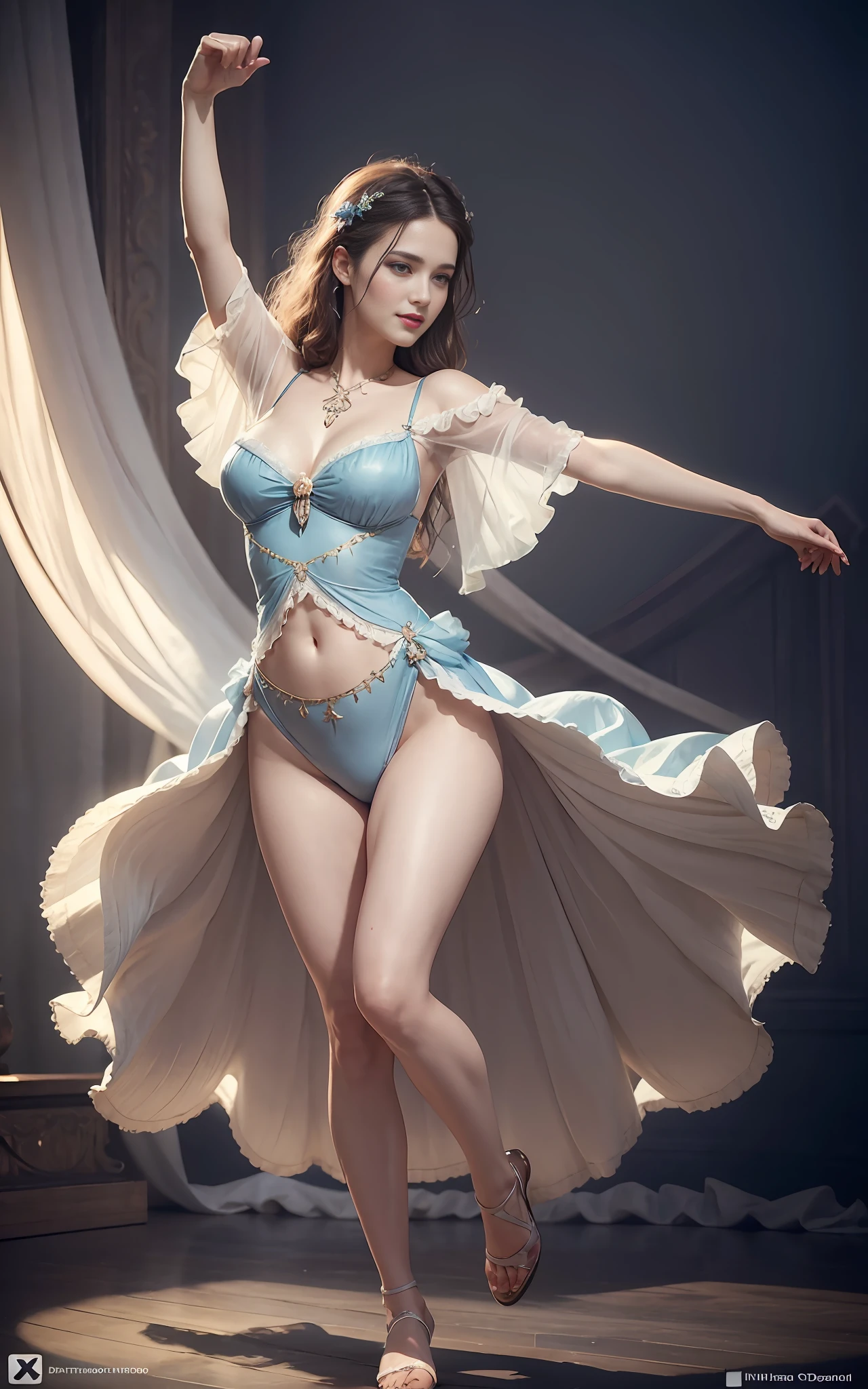 A woman in a dress of pure cotton fabric, showing chest and navel, mysterious smile, dancing, showing thighs, 3D magical details, James Jean soft light, 4K, Yuri Schvedorf and Tom Bagshaw, beautiful digital artwork, Sylvain Sarrell and Igor Mosky, full body photo