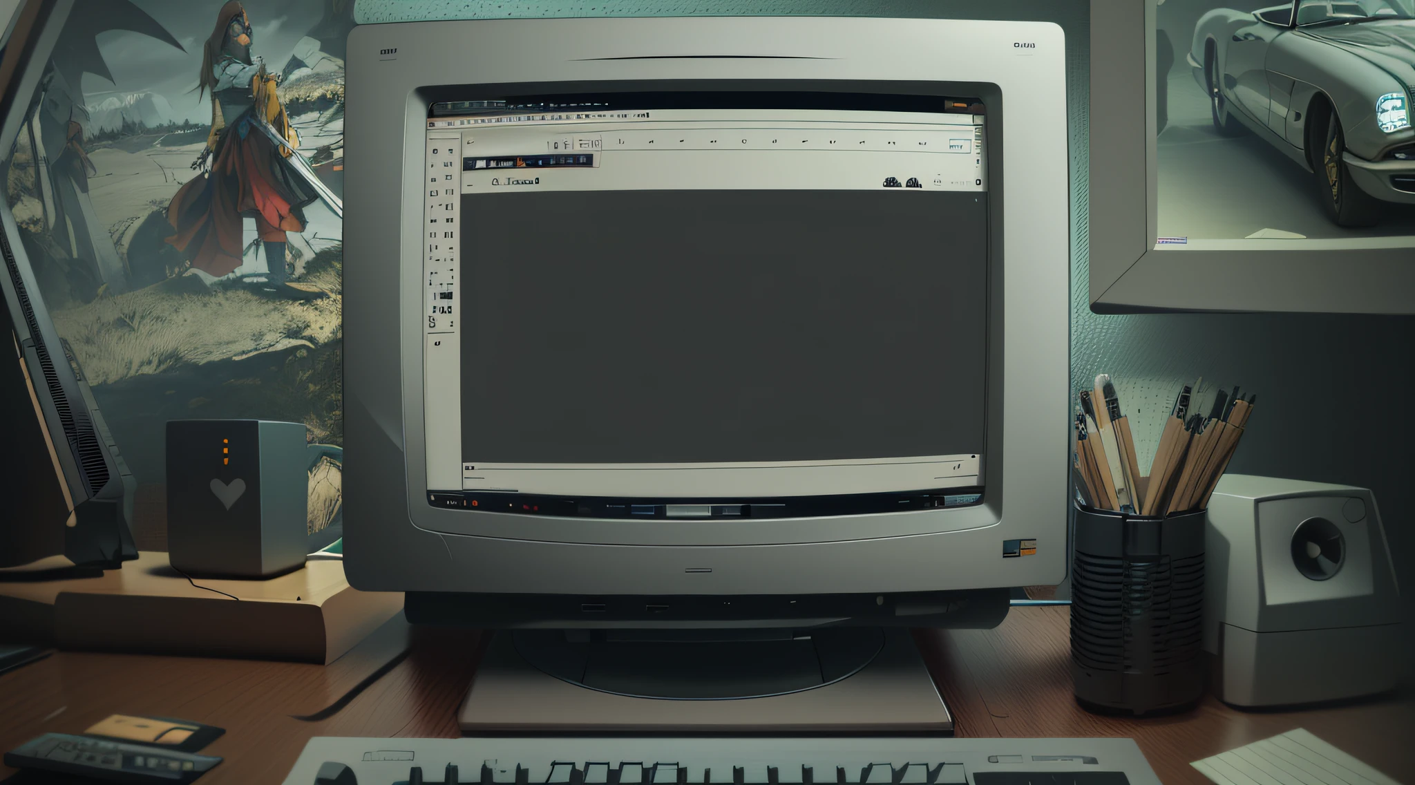 there is a computer monitor with a sign on it that says eaging, close establishing shot, establishing shot, text turning into objects, realistic establishing shot, wide establishing shot, cel-shading, cel-shading, cel shading, composition, escape, easygoing, earie configuration, detailed string text, ealistic, loading screen, still animation, screencap, cartoon drawing style, anime style,  official art