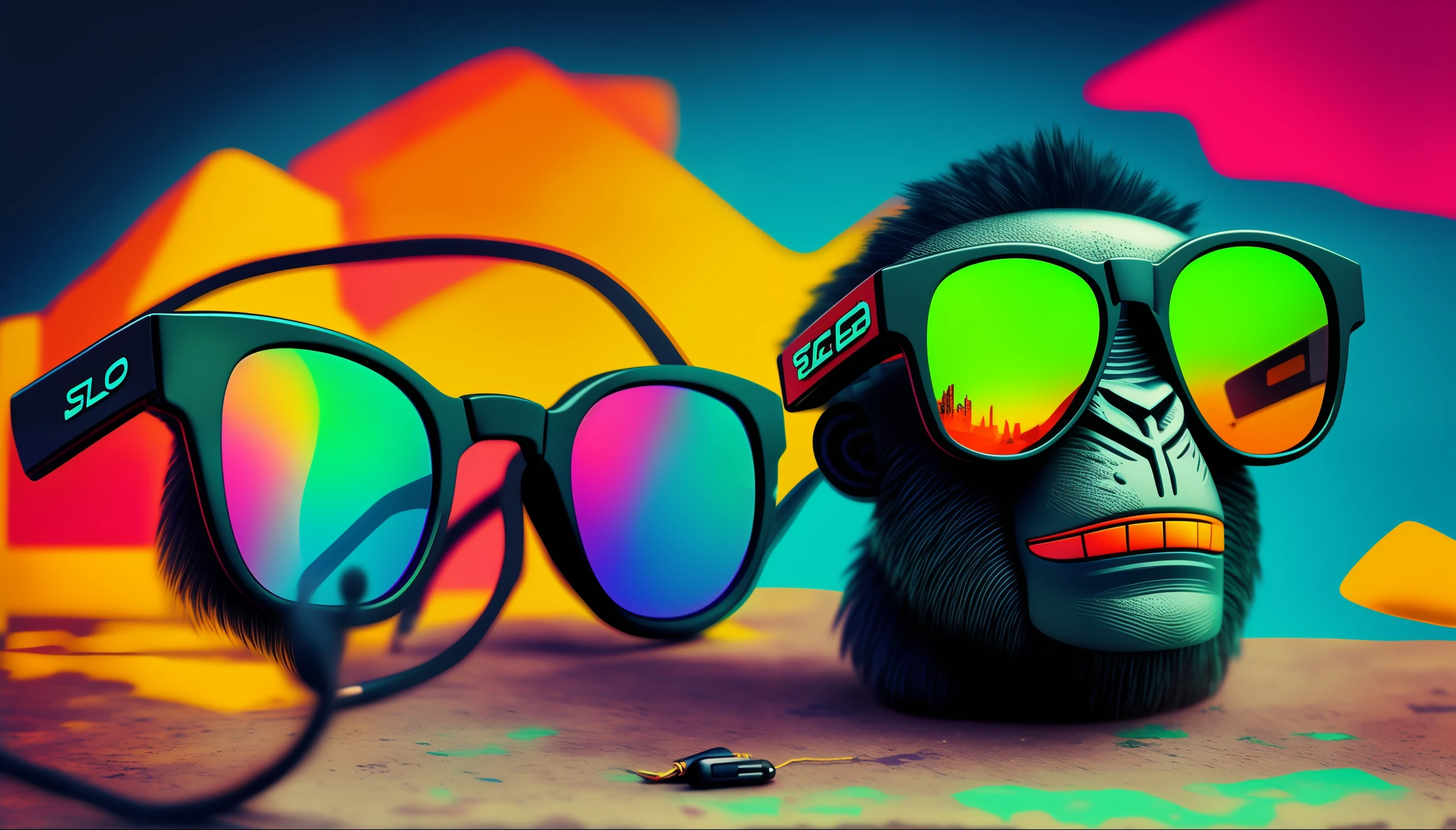 Monkey earphone, sunglasses, stilo ciber punck, colorful, chaotic scenery, with evil face,