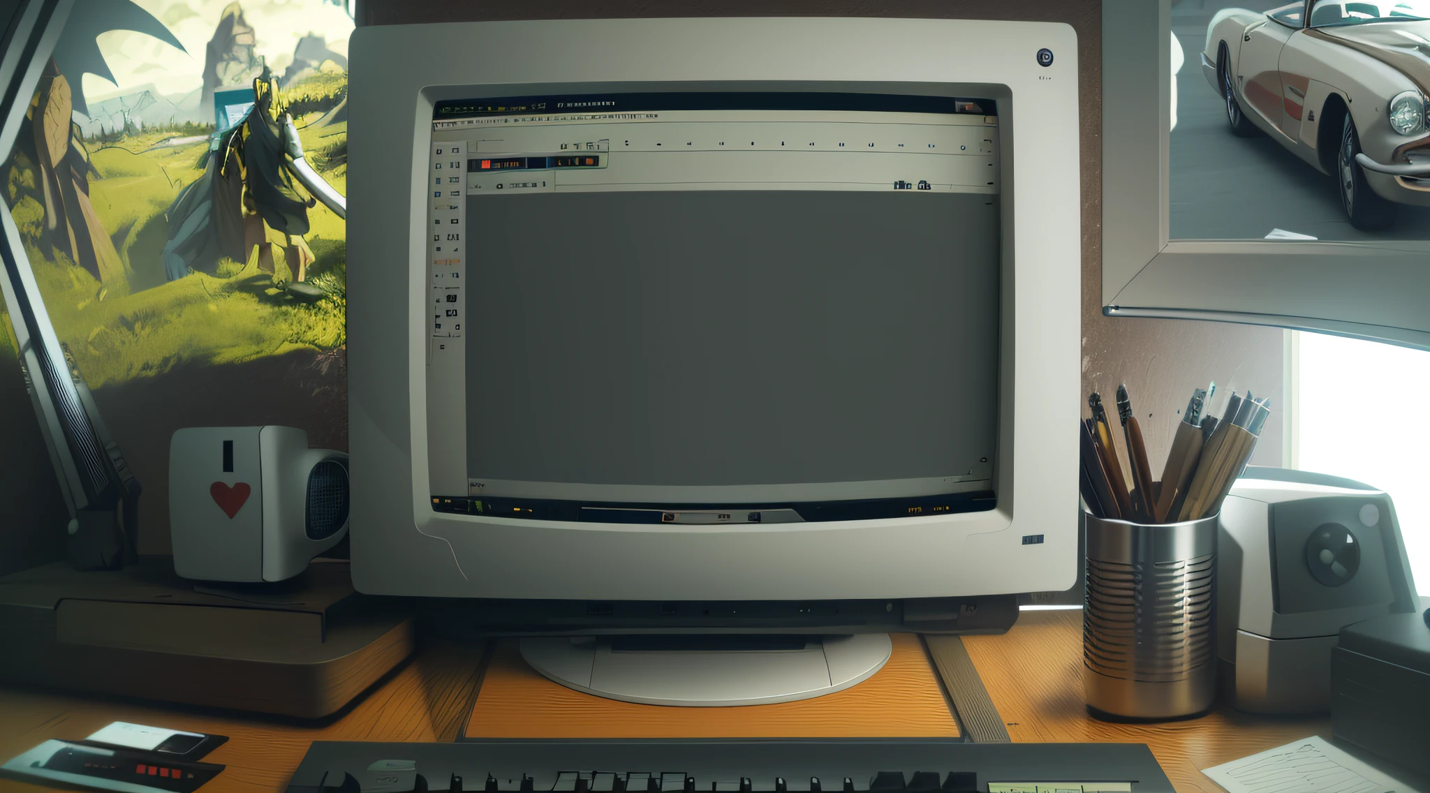 there is a computer monitor with a sign on it that says eaging, close establishing shot, establishing shot, text turning into objects, realistic establishing shot, wide establishing shot, cel-shading, cel-shading, cel shading, composition, escape, easygoing, earie configuration, detailed string text, ealistic, loading screen, still animation, screencap, cartoon drawing style, anime style,  official art