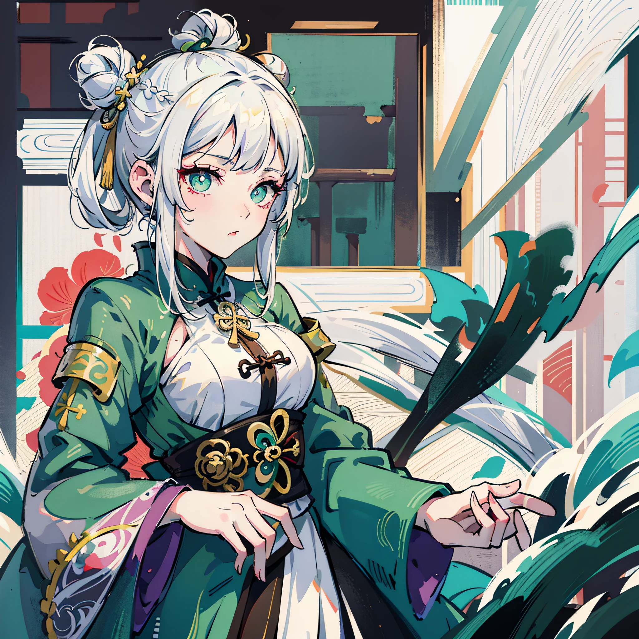 Lori, white hair, bun head, cheongsam, Genshin character, pointed ears, green eyes, cross-shaped pupils, Genshin Nasida --auto --s2