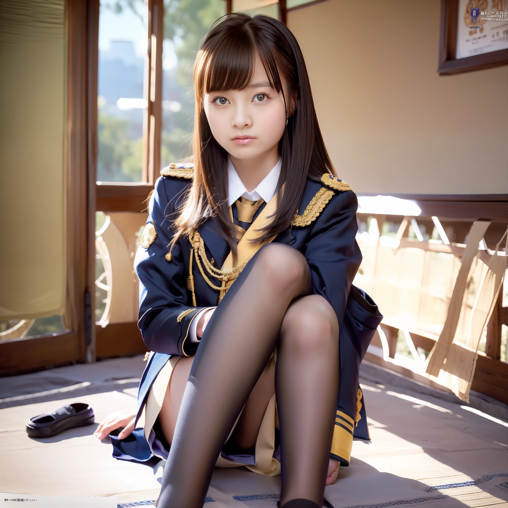 ulzzang-6500-v1.1, (raw photo:1.2), (photorealistic:1.4), beautiful detailed girl, very detailed eyes and face, beautiful detailed eyes, ridiculous, incredibly ridiculous, huge file size, super detailed, high resolution, very detailed, best quality, masterpiece, kemomimi, ((Japanese girls' high school uniform)), illustration, very detailed, CG, unified, 8k wallpaper, amazing, Fine details, masterpiece, best quality, very detailed CG uniform 8k wallpaper, light on face, cinematic lighting, 1girl, , ((no panties)), ((dynamic pose))), (camel toe), (half), (pantyhose), (knee-bending leg sitting))