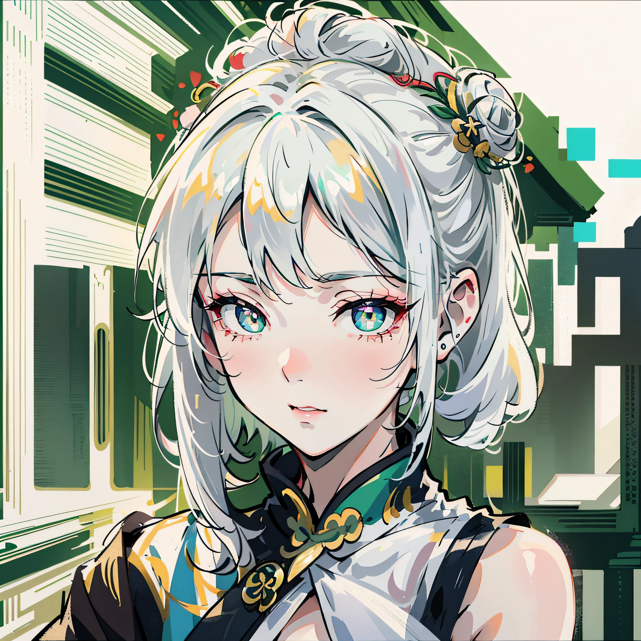 Lori, white hair, bun head, cheongsam, Genshin character, pointed ears, green eyes, cross-shaped pupils, Genshin Nasida --auto --s2