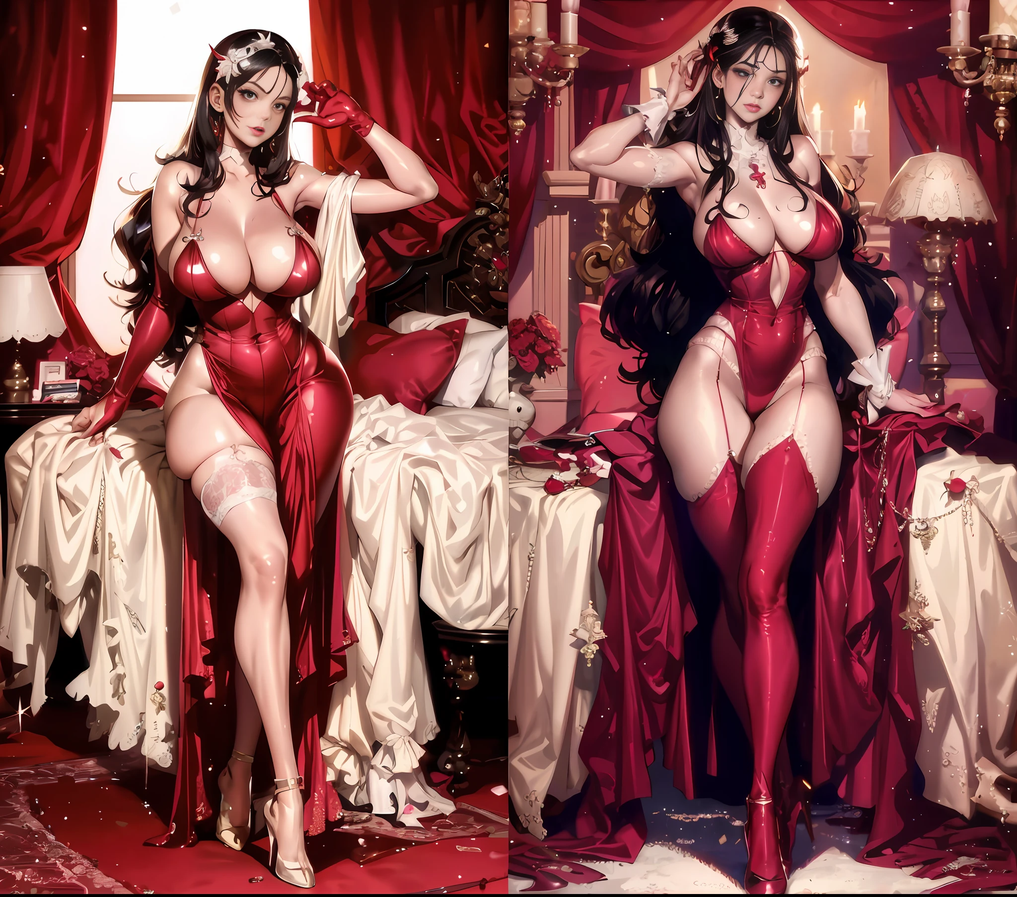 Woman in red dress sitting on bed, IG model |Artgerm, very detailed ArtGerm, Rin Tohsaka, Style Ivan Talavera and ArtGerm, WLOP and ArtGerm, Range Murata and ArtGerm, Cushart Krenz Key Art Feminine, ArtGerm and WLOP