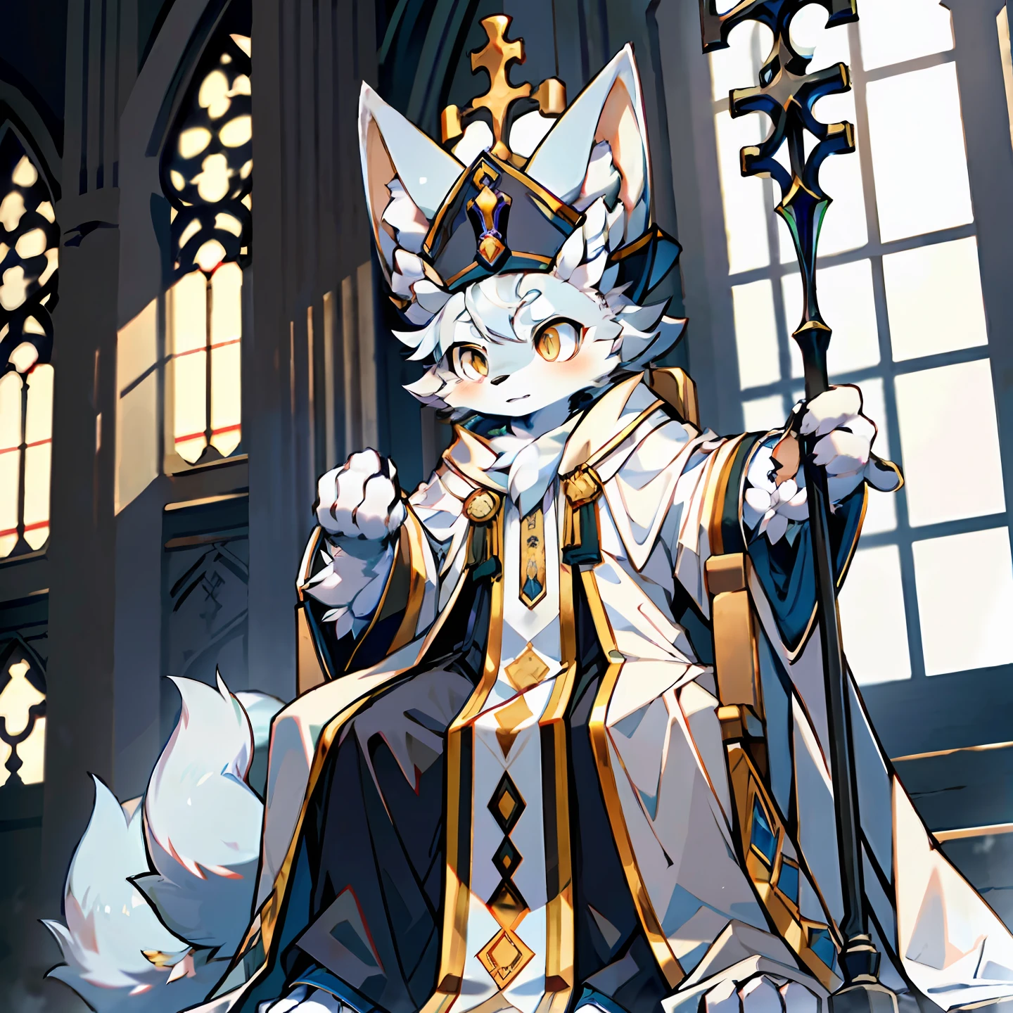 (Best Quality), (Masterpiece), ((Single)), (Ultra Detailed), (Furry), Furry, (Male Arctic Fox: 1.5), (Gray Skin: 1.3), (Fluffy Tail: 1.2), (Golden Eyes), (Arctic Fox's Paws), (Grey Ears), Serious Expression, Sharp Focus, (Furry Feeling of Animal Ears), Magician, Sorcerer's Robe, (Pope's Hat), Magic Staff, ((Sitting on a Luxurious Throne)), In the Church, (Dim), Detailed background