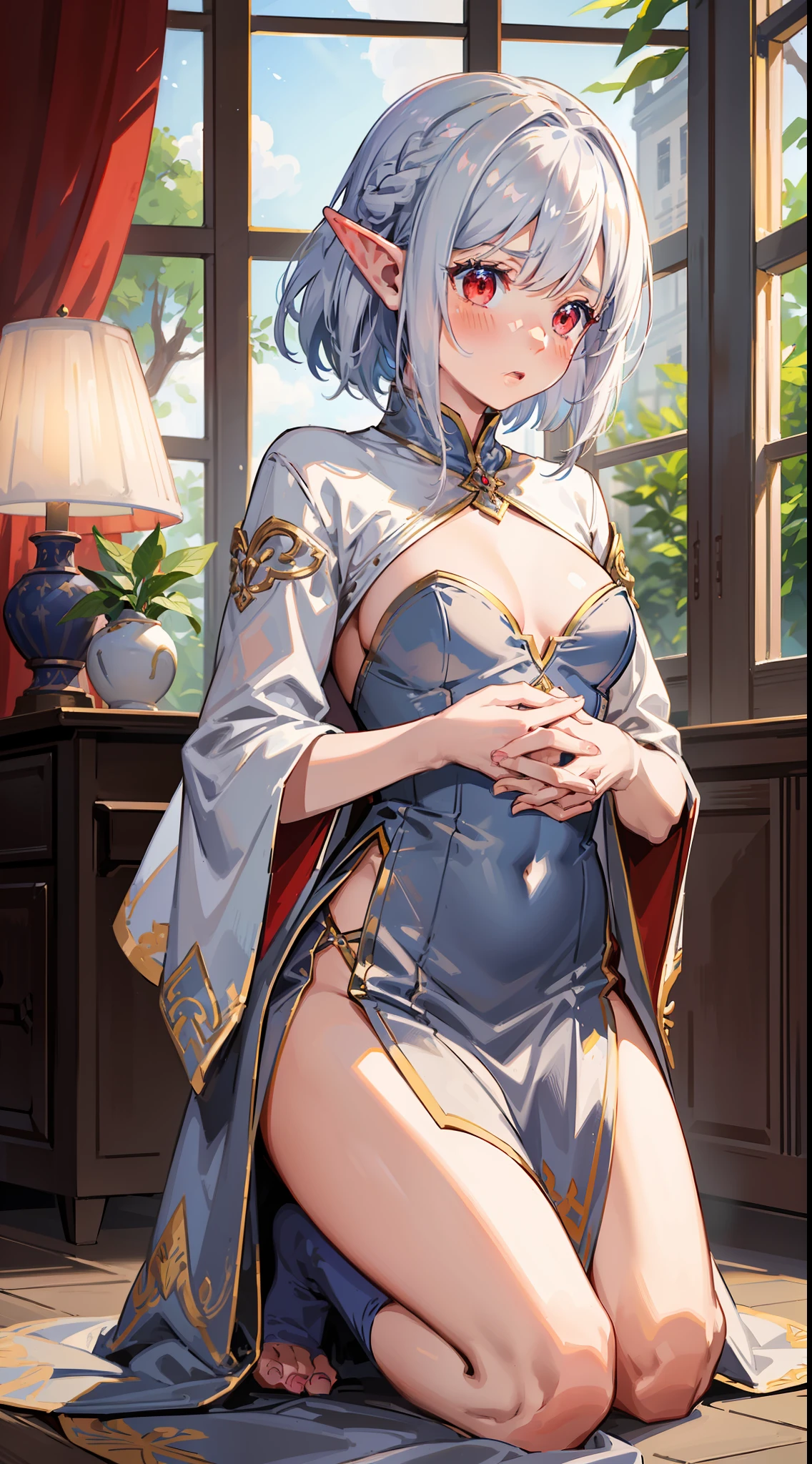 ((Putting his hands on his chest)), ((surprised)), ((Looking down)), (blush), 1 girl, elf, silver hair, red eyes, bob cut, braided hair, fantasy style costume, wizard, robe, long skirt, tights, indoors, kneeling, concept art, beautiful anime scene, beautiful anime scenery, masterpiece, top quality, 4K