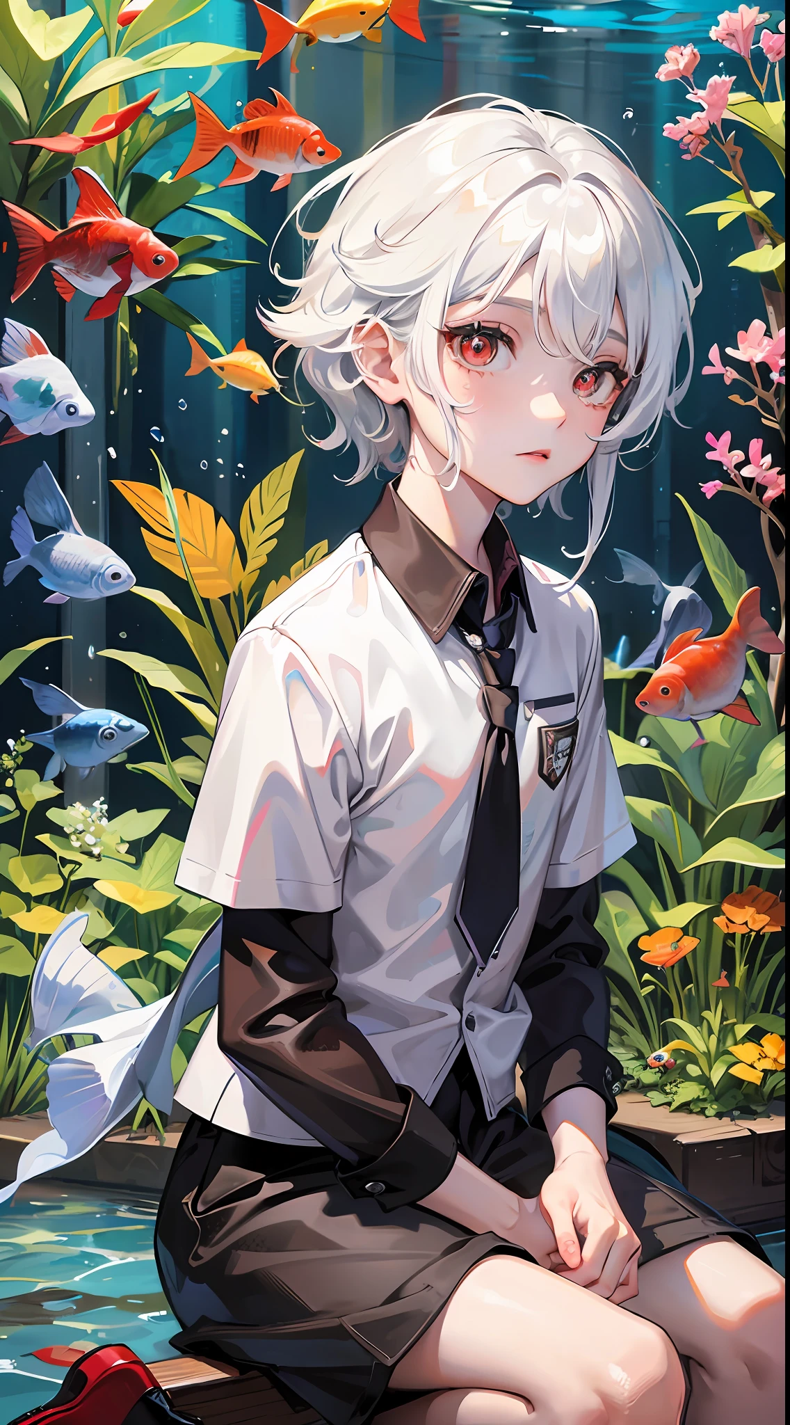Mango boy sitting inside the aquarium, cute, white hair, red pupils, Shota, school of fish --auto --s2