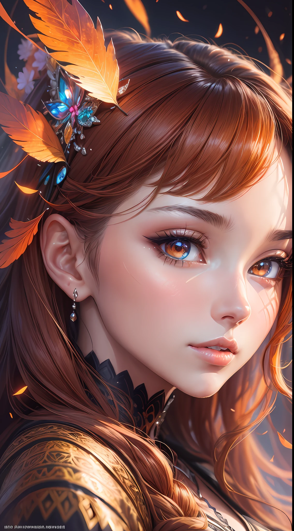 A high-quality close-up of a woman's face, with every intricate detail rendered flawlessly, her eyes shining with vibrant anime-style colors, the warm orange hues creating a mesmerizing glow, capturing her captivating beauty, Anime-style illustration, digital art, -