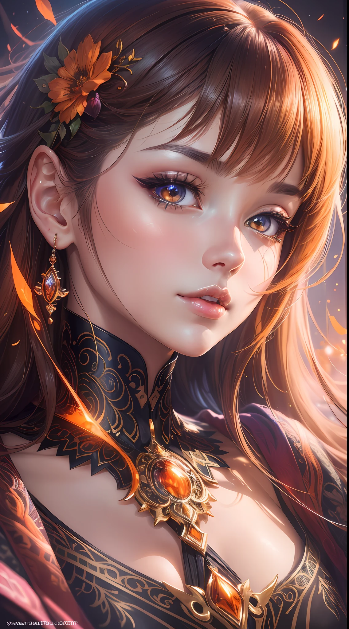 A high-quality close-up of a woman's face, with every intricate detail rendered flawlessly, her eyes shining with vibrant anime-style colors, the warm orange hues creating a mesmerizing glow, capturing her captivating beauty, Anime-style illustration, digital art, -