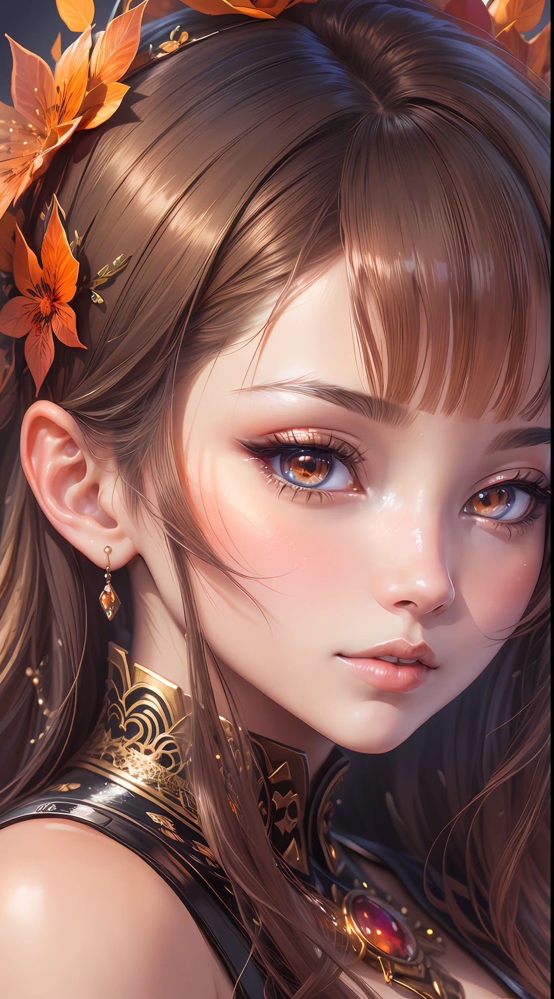 A high-quality close-up of a woman's face, with every intricate detail rendered flawlessly, her eyes shining with vibrant anime-style colors, the warm orange hues creating a mesmerizing glow, capturing her captivating beauty, Anime-style illustration, digital art, -