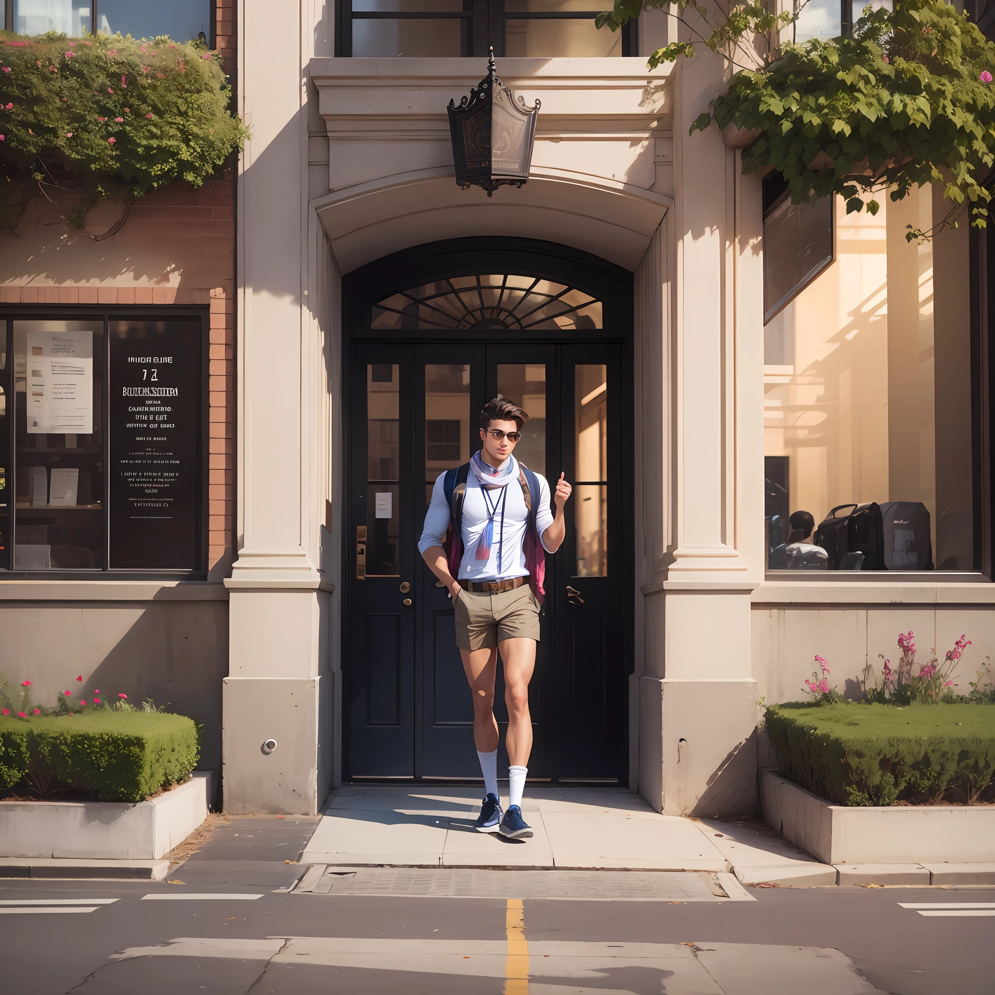 A handsome, confident, and stylish young American student with a mischievous attitude, dressed in casual attire with a colorful scarf, stands in the middle of a bustling city street.