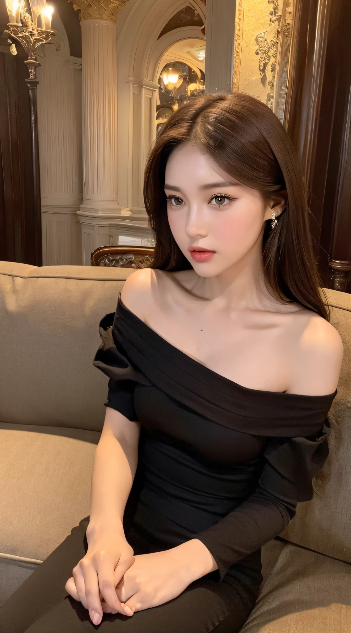 ((Night Scene, Realistic Light, Best Quality, 8K, Masterpiece: 1.3)), 1 Girl, Slim Body Beauty: 1.4, (Brown Hair, Middle Breast: 1.3), Off-Shoulder Cut Top: 1.3, Sofa, Ultra Detailed Face, Detailed Eyes, Double Eyelids, Disneyland, Cleavage