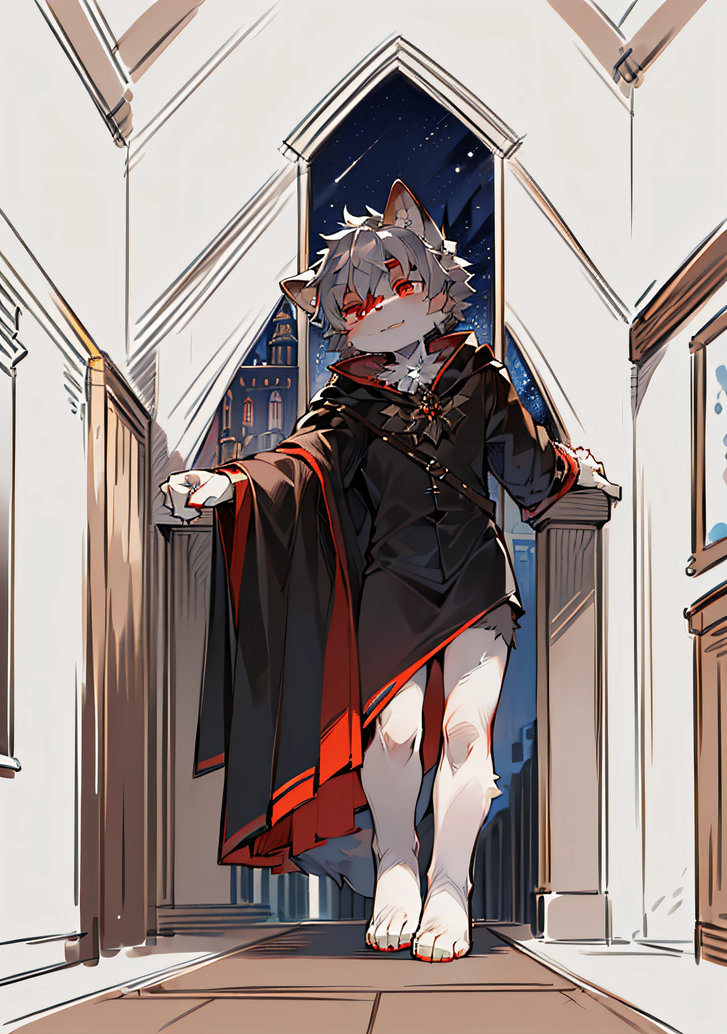 (Dark Environment: 0.8), Masterpiece, High Quality, Abstract Res, Digital Painting\(artwork\), by Dagasi, Yupa, Kiyosan, (Anthro, Fluffy Fur, Character Focus: 1.1), Anthro Male Cat, Short Hair, Portrait , bright eyes, panorama, character focus. (Detailed background: 0.7), Solo, Furry, Furry Male, Male Focus, Anthr, (Full body fur, Fluffy tail, White fur, Red eyes, Gray hair: 1.2), (Long canids, vampires, cape: 1.2), (Interior, Night, Castle, Coffin: 1.1) Goggles