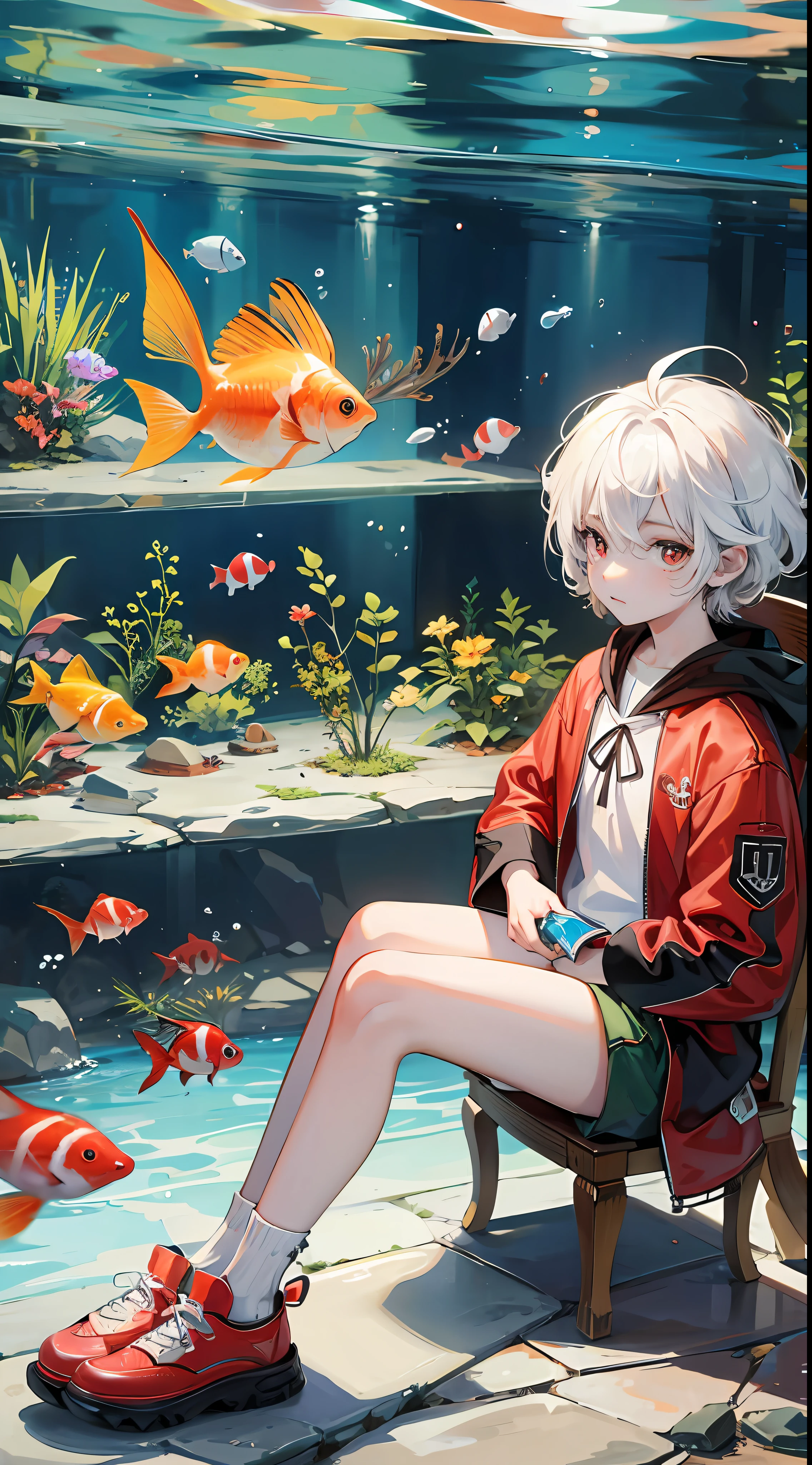 Mango boy sitting inside the aquarium, cute, white hair, red pupils, Shota, school of fish --auto --s2