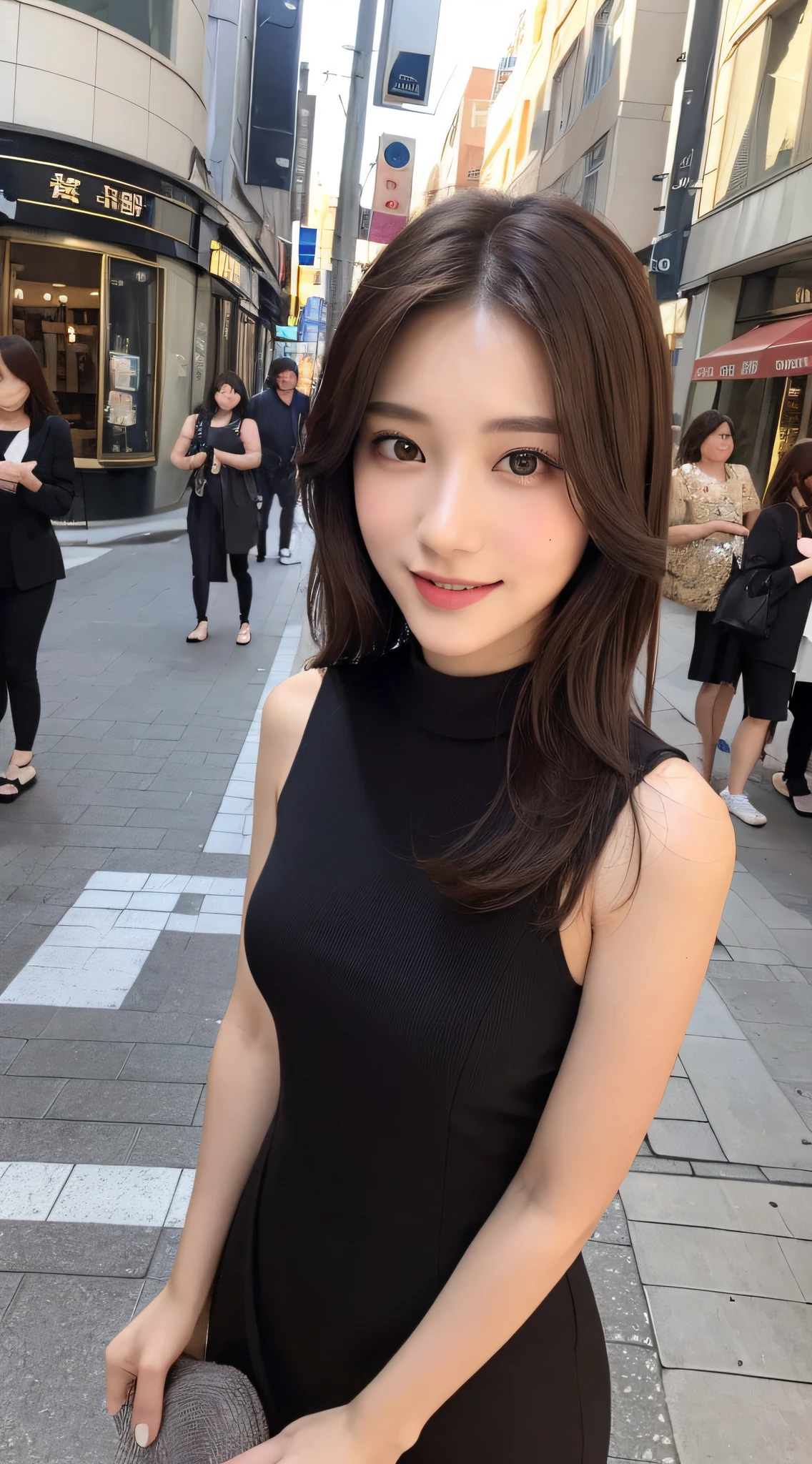 ((top quality, 8k, masterpiece: 1.3)), 1 girl, smile, full body, slim face, pretty woman, (dark brown hair), full-length dress: 1.1, ultra detailed face, detailed eyes, double eyelids, blurred background, slim face, city, outside, street, Japan person