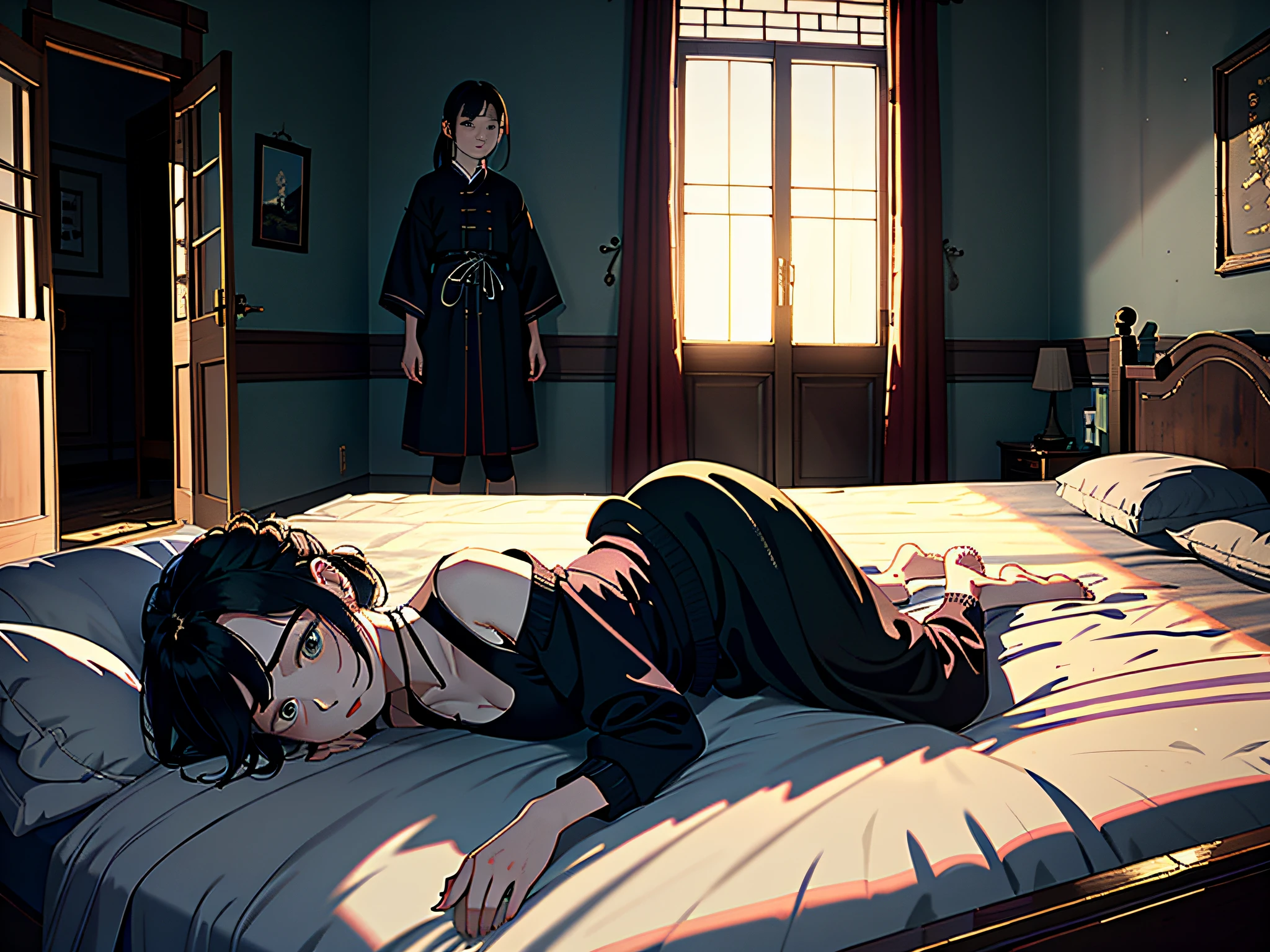 (Masterpiece, best quality; 1.3), very detailed, Unity 8k wallpaper, perfect lighting, perfect shadows, Chinese scene, shabby house, a girl standing by the bed, a girl lying on the bed, two people looking pale, POV, Dorothyan perspective,