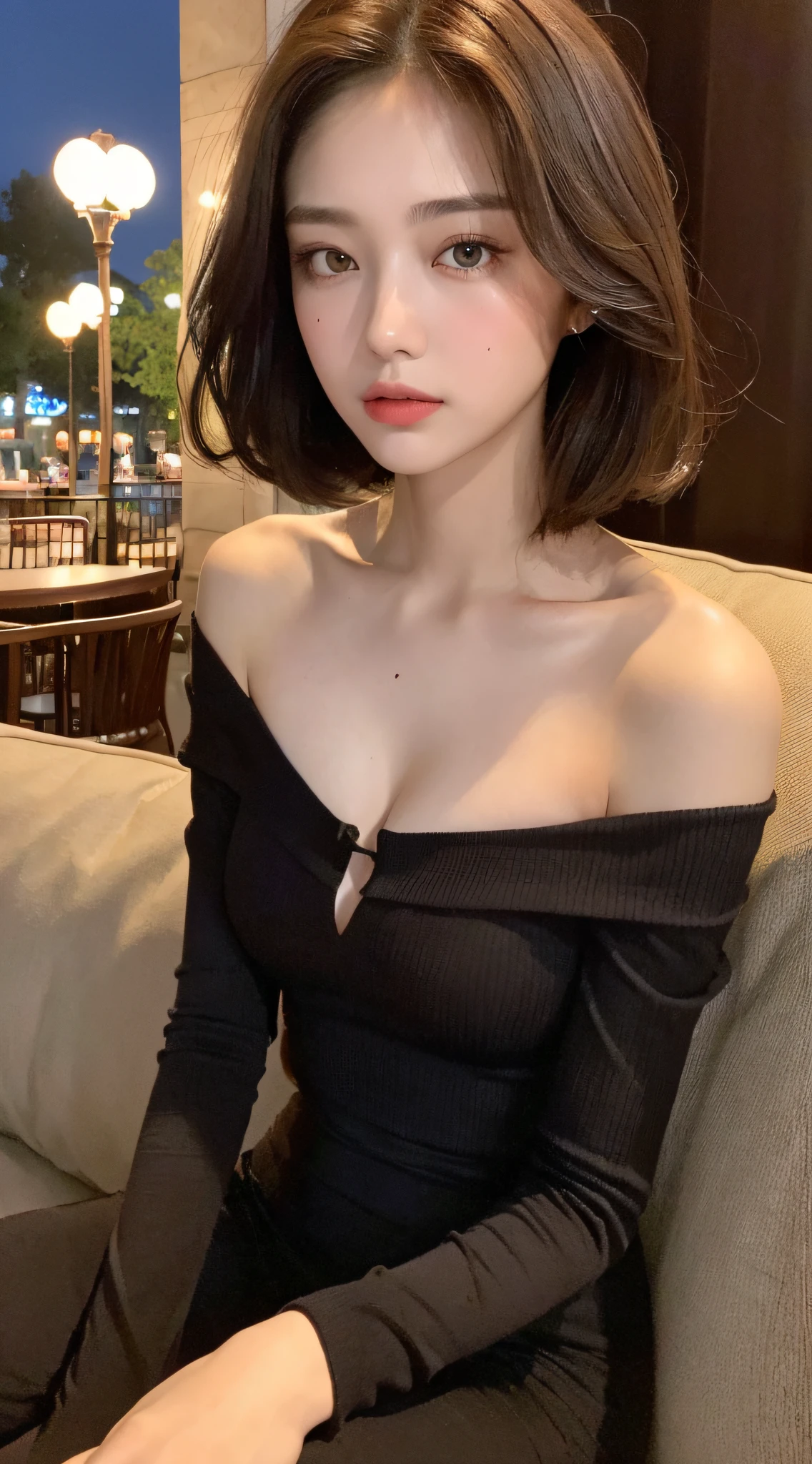 ((Night Scene, Realistic Light, Best Quality, 8K, Masterpiece: 1.3)), 1 Girl, Slim Body Beauty: 1.4, (Brown Hair, Middle Breast: 1.3), Off-Shoulder Cut Top: 1.3, Sofa, Ultra Detailed Face, Detailed Eyes, Double Eyelids, Disneyland, Cleavage