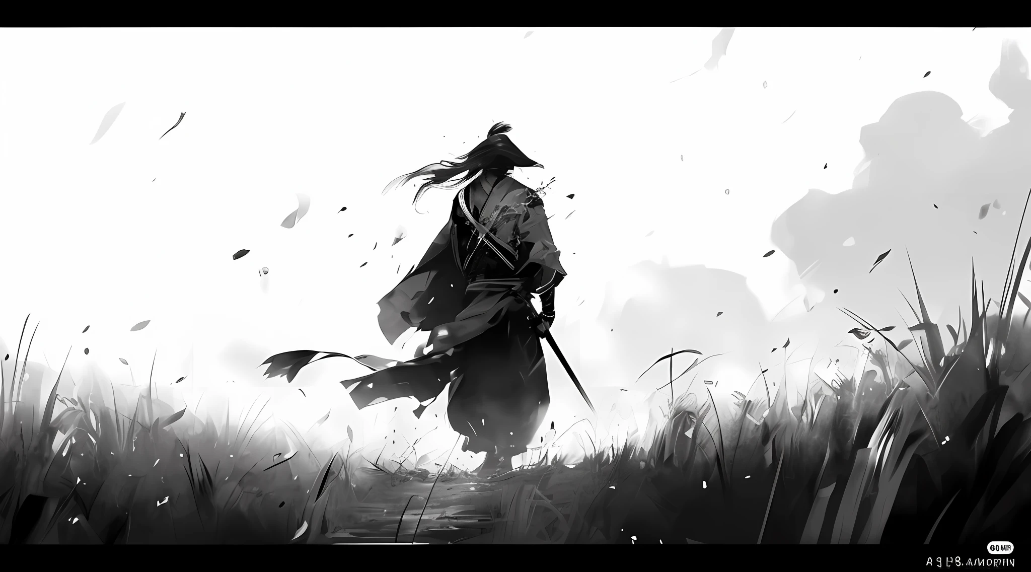 a black and white photo of a person in a field with a sword, benedick bana, inspired by Kanō Hōgai, by Yang J, by Raymond Han, by Sun Kehong, anime art wallpaper 8 k, illustration concept art, anime art wallpaper 4 k, anime art wallpaper 4k, traditional japanese concept art, g liulian art style