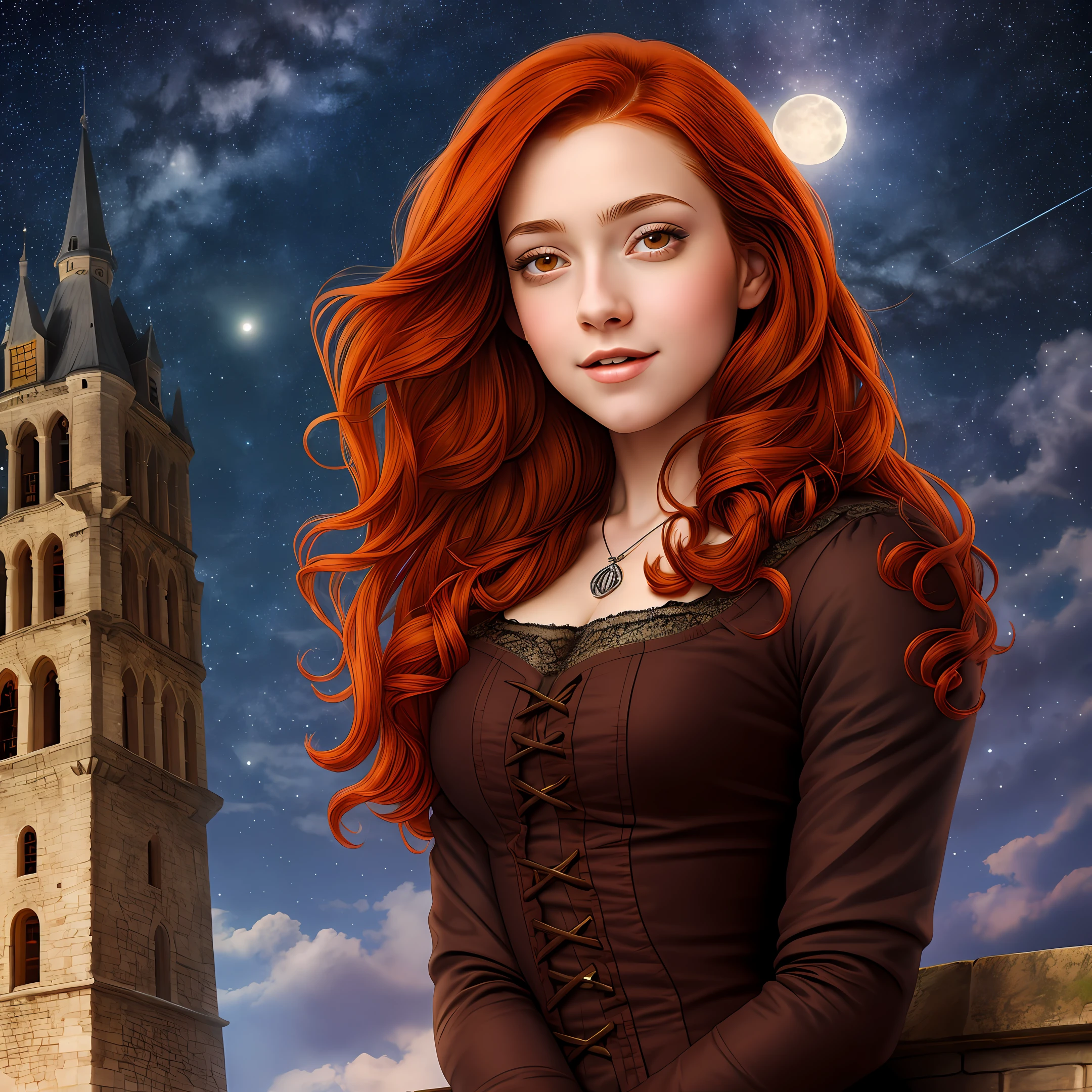 Beautiful young woman curly red hair brown eyes of the 18th century on top of a tower of a castle a night of starry sky and full moon and starry sky photorealistic photo