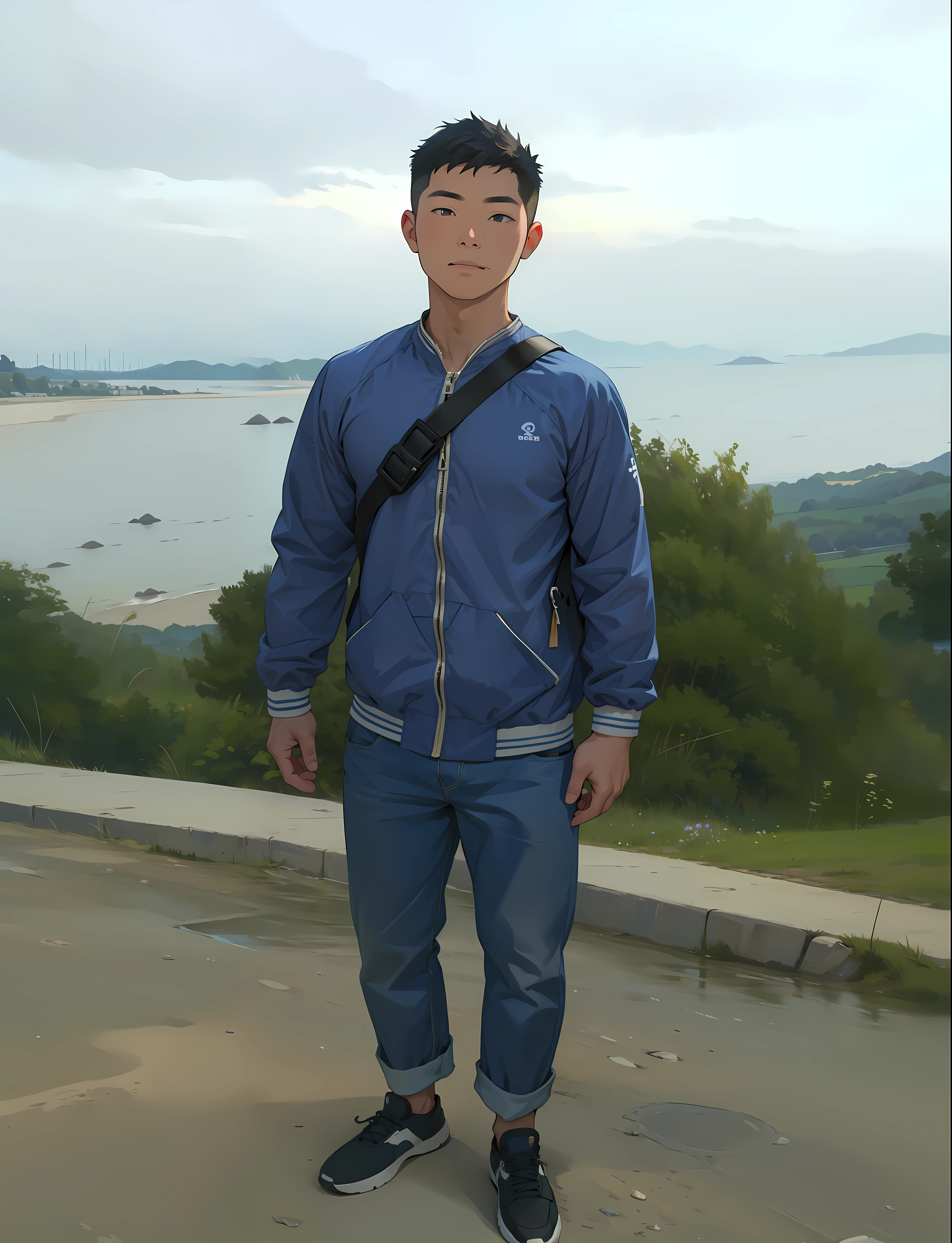 High quality, 8k, a little strong 28 year old boy, seaside, crossbody bag, summer, outdoors, clear weather, blue sky and white clouds, rich light variation