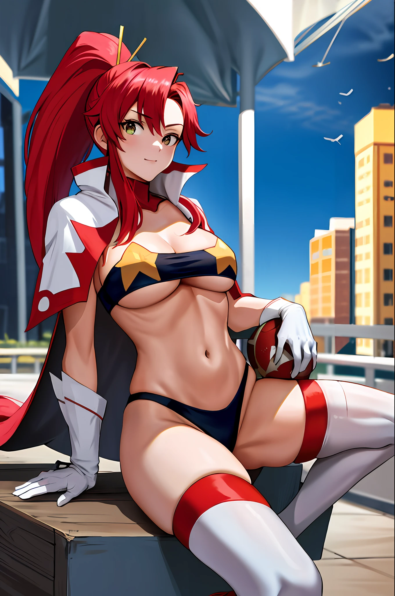 masterpiece, best quality, highres, yl1, ponytail, underboob, cape, bandeau, hair ornament, hopefully falling, tube top, midriff, white gloves, star (symbol), thighs, cowboy shot, street, sitting, look is sexy position