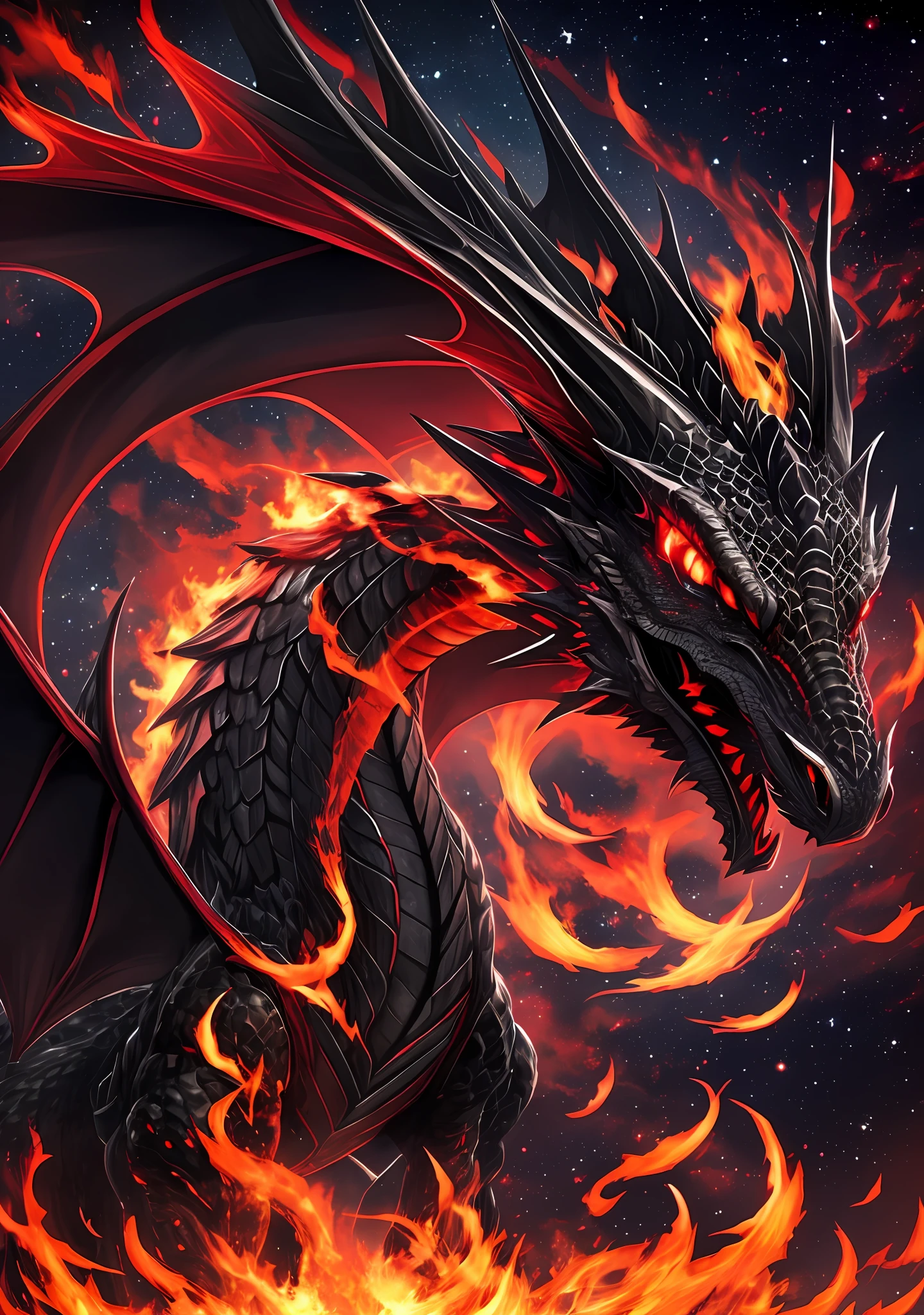 black
dragon with glowing red eyes, fire in the background, night sky --auto --s2
