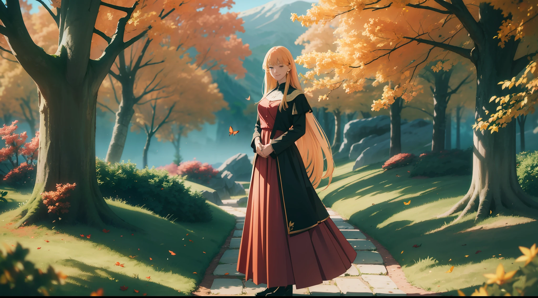 Description: A smiling woman with long blonde hair and red dress in an expansive landscape (a top-down view that shows the top of a mountain and a vast forest with rivers below). The water is clear and translucent, with autumn leaves floating as the wind blows strongly, making the leaves fly around.
Environment: The landscape is extremely green, full of trees, villages and mountains, with a giant tree standing out in the background. The seas are reflective and the flora creates strong shadows. The sky is extremely blue, with white clouds.
Lighting: The lighting is extremely strong, alternating between light and shadow, with special focus on the color green. Use ray tracing reflections and RTX to perfect the sunlight that illuminates every woman, making her hair and dress transparent and creating bright reflections.
Technical Details: Use Unreal Render, Octane Render and HDR to ensure quality in 8K UHD. Emphasize realistic skin details such as visible pores, and add lomography and film grain effects. The volumetric mist adds an artistic touch, highly detailed, colorful details, (bright lighting, atmospheric lighting)
Additional Elements: Add colorful mushrooms, flowers and butterflies to create a fantastic atmosphere. The shadows and lights should be intense to reinforce the feeling of strong wind. Colors should be vibrant and vivid.
Observations: The image should depict only woman and nature, without any human construction. Emphasize the transparent red dress and the strong colors present in the scene.