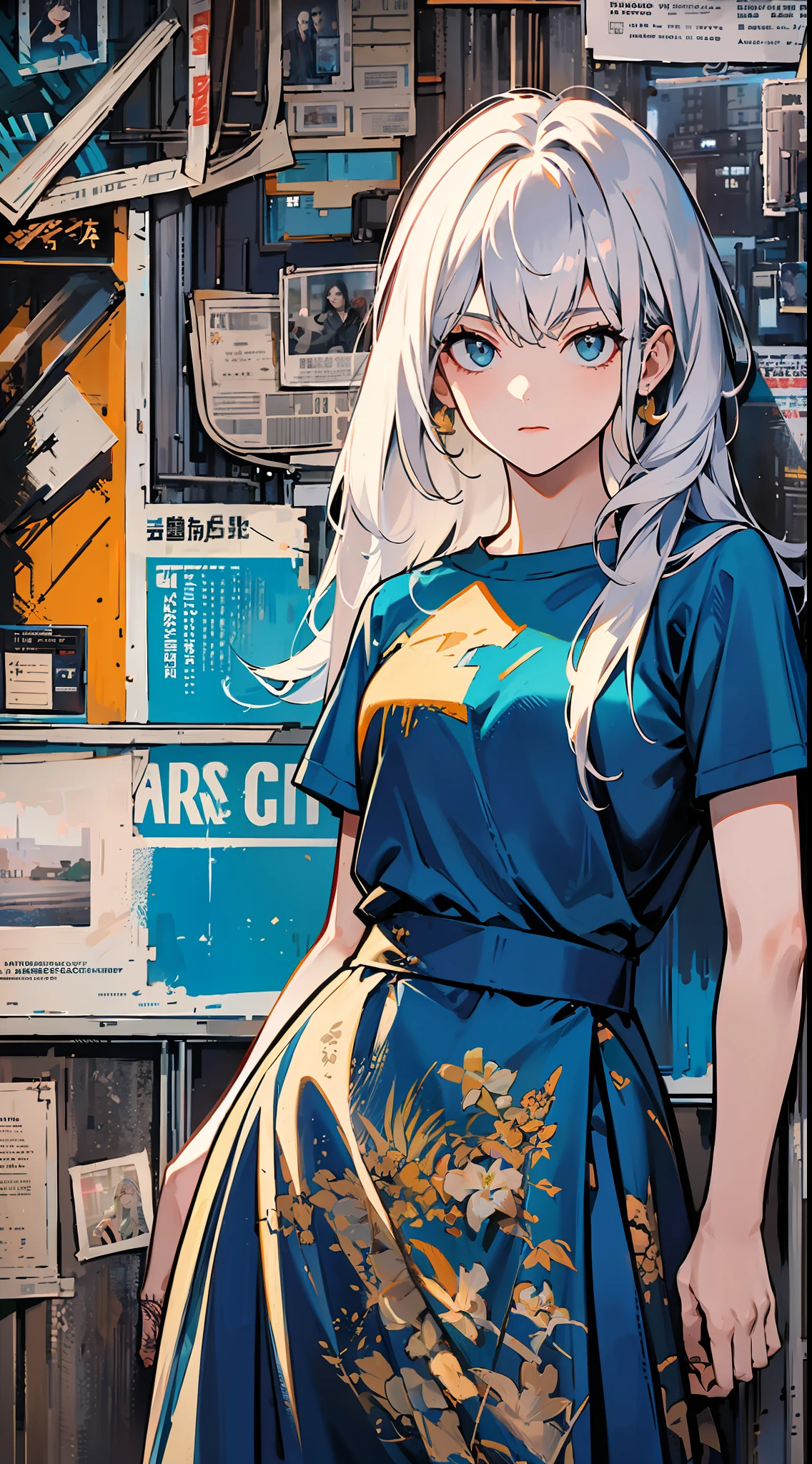 On the street, cyberpunk, a girl standing in front of a wall with newspaper pasted on the wall, silver hair, long hair, facial focus, black eyes, witty and beautiful facial features, green print t-shirt, apricot long skirt, split long skirt, embroidery pattern, dynamic pose, HDR, detailed details, fashion, cinematic light, detailed clothing texture, game CG, bright art style