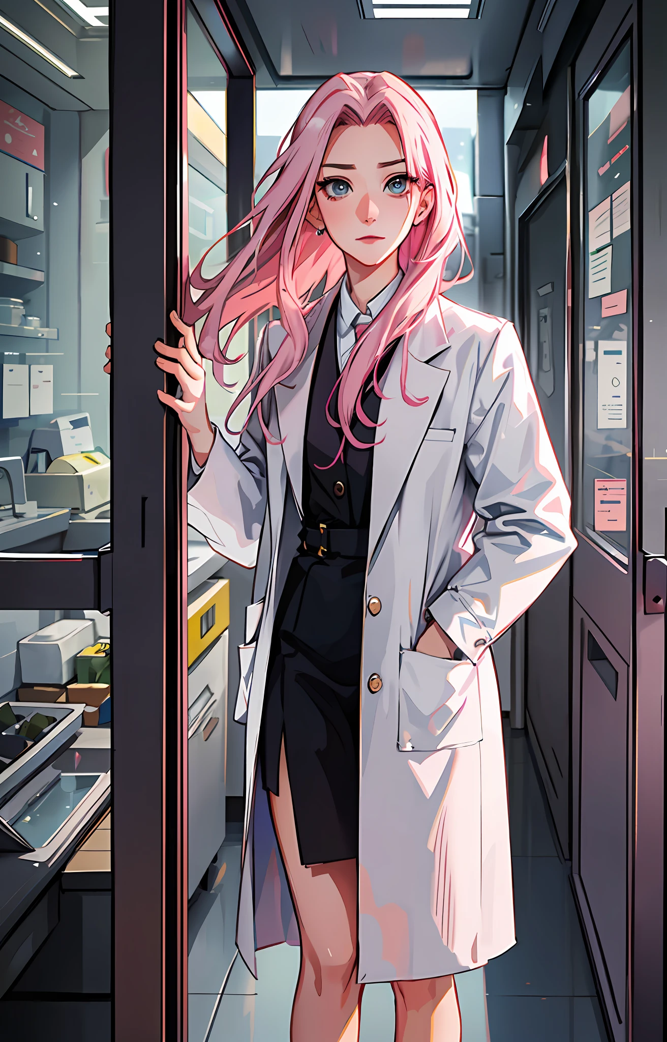 SakuraNS, ((solo)), alone, ((forehead the show)), elegant, wearing a white lab coat, pink hair, delicate, young, long hair, detailed face, high definition, ((full body)), full body, ((serious)), in a hospital, looking at the city outside the window, doctor, she is a beautiful woman of success, face with high quality,medical, high definition, sharp, sharp features, no bandana, unadorned