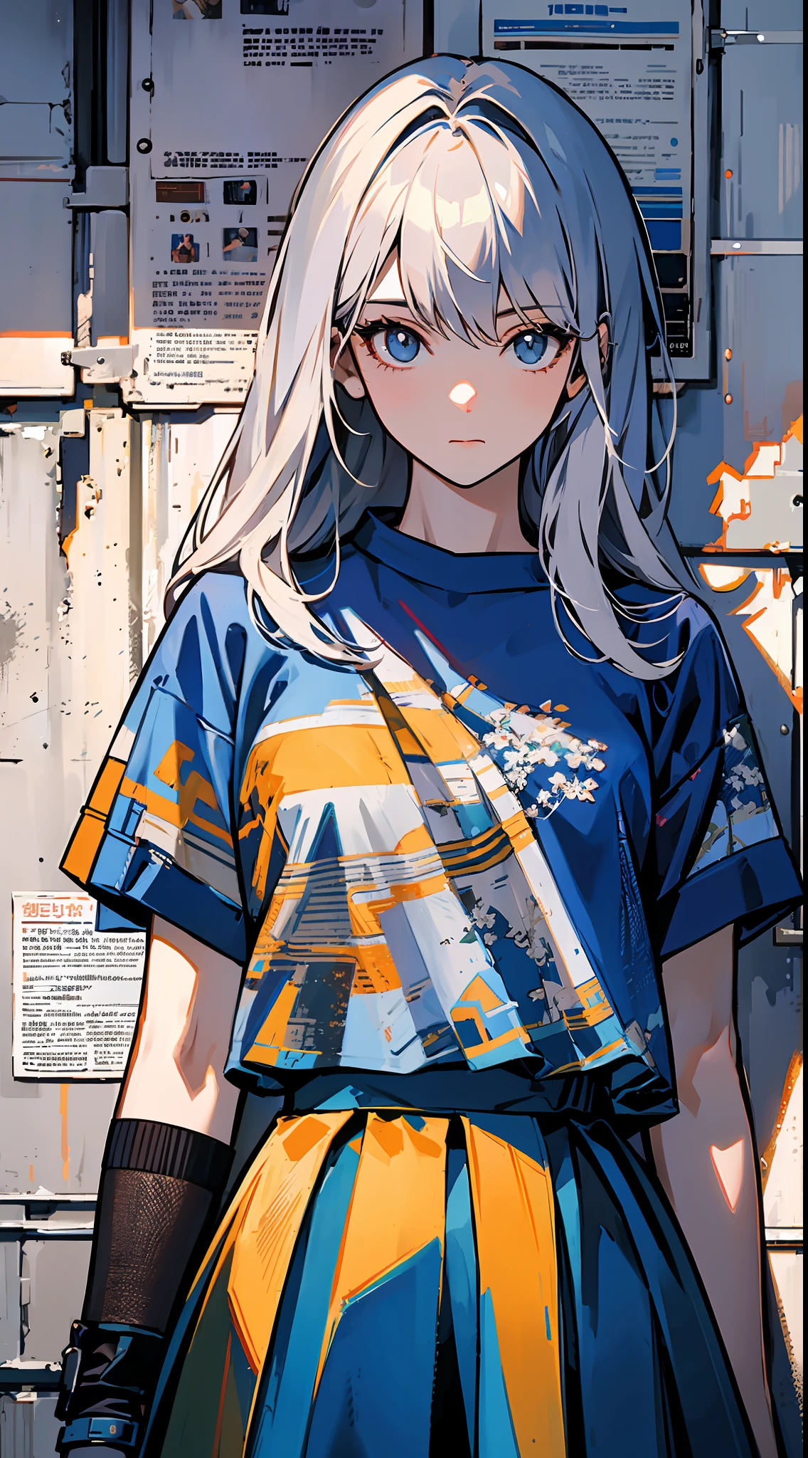 Upper body close-up, cyberpunk city, a girl standing in front of a wall with newspaper on the wall, silver hair, long hair, facial focus, black eyes, witty and beautiful facial features, green print t-shirt, apricot skirt, split long skirt, embroidery pattern, dynamic pose, HDR, detailed details, fashion, cinematic light, detailed clothing texture, game CG, bright art style, real shadows