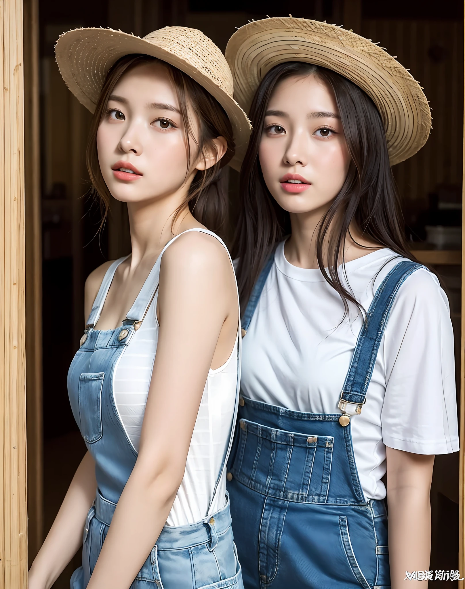 (Masterpiece)), (Best Quality), (detailed), 1 girl, 18 years old, playful expression, medium breasts, long hair, beautiful, natural, not exposed, alafi woman with baseball bat in straw hat and overalls, straw hat, a cute young woman, anime girl in real life, young cute girl in straw hat, Chinese girl, straw hat and overalls, attractive girl, cute thin face for girl, cute young woman, cute - fine face, Cute young girl